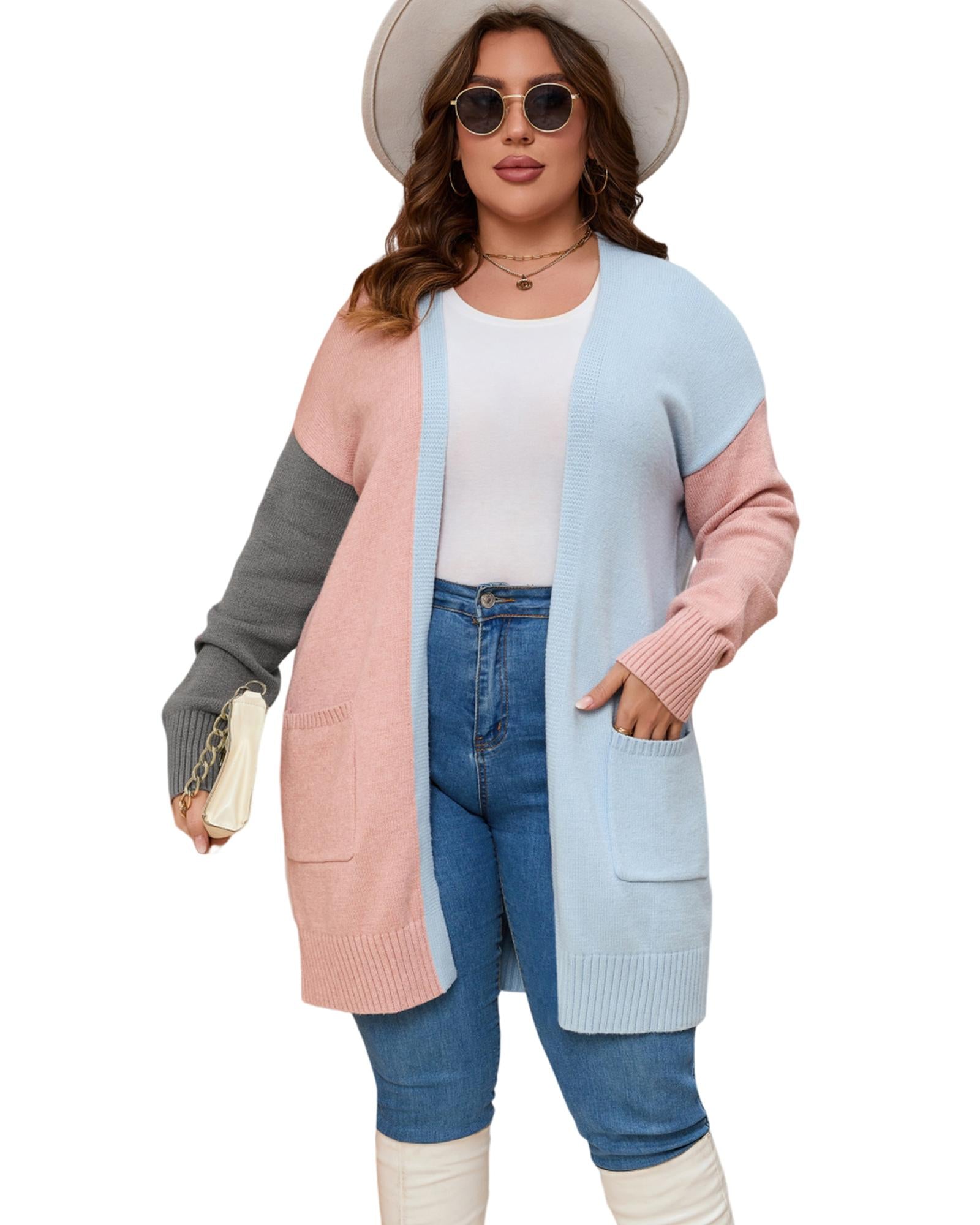 Multicolor Plus Size Colorblock Pocketed Open Front Cardigan - 2X
