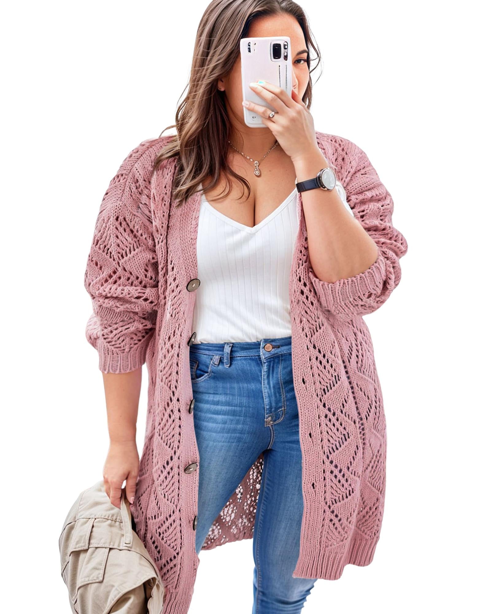Pink Open Knit Button-Up Plus Size Cardigan - 2X