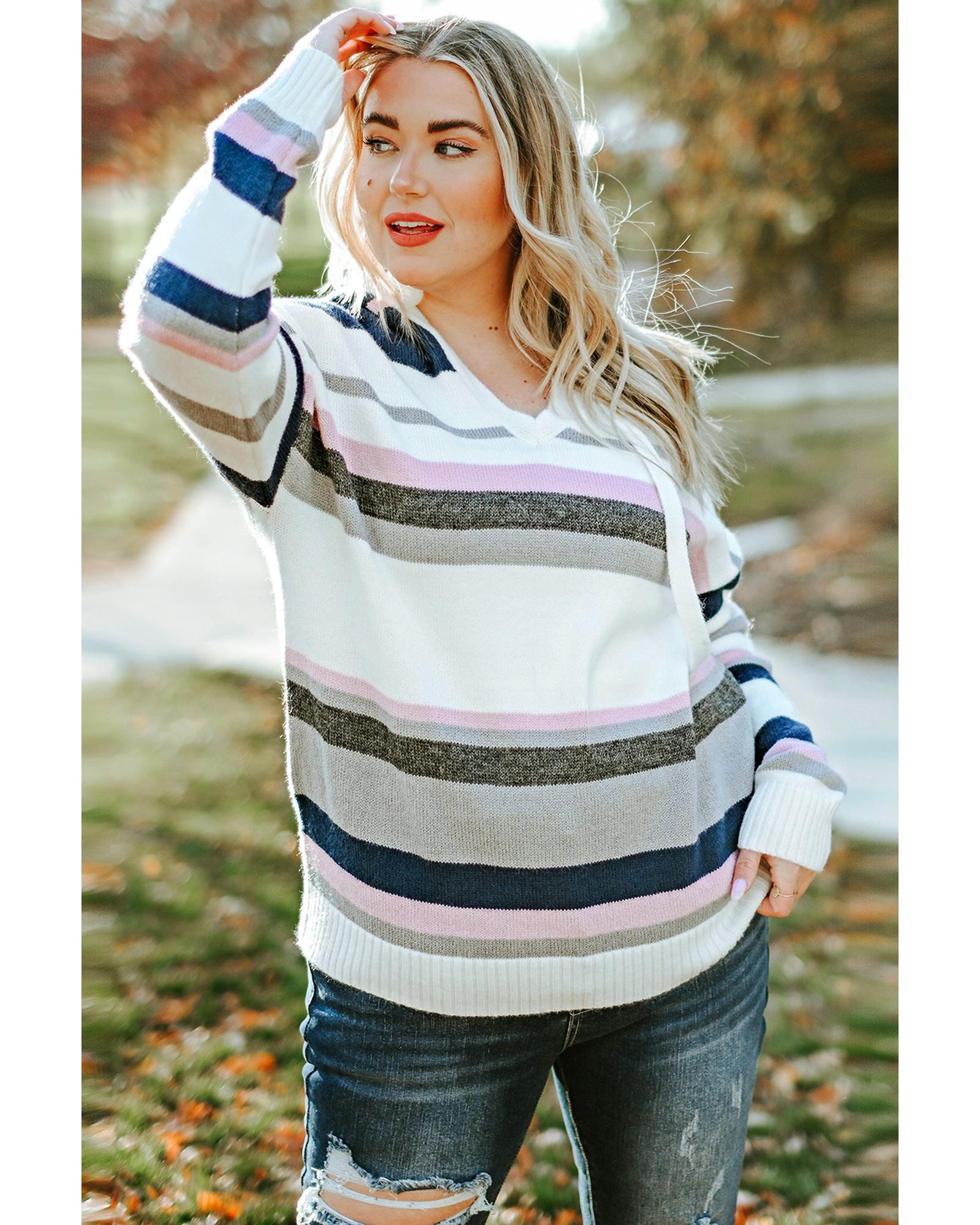 Stripe Plus Size Striped Hooded Knit Sweater - 4X