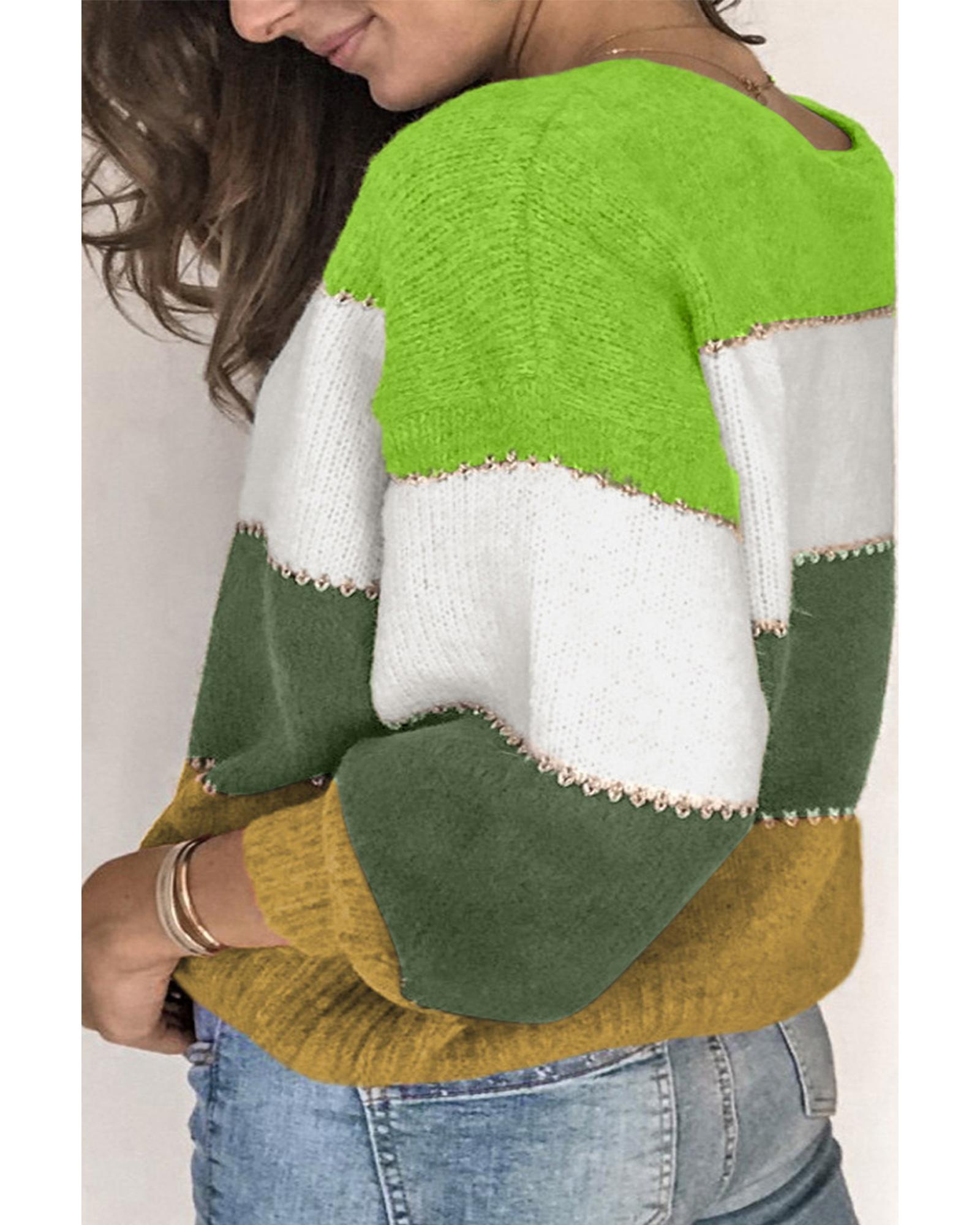 Green Plus Size Color Block Patchwork Sweater - 4X