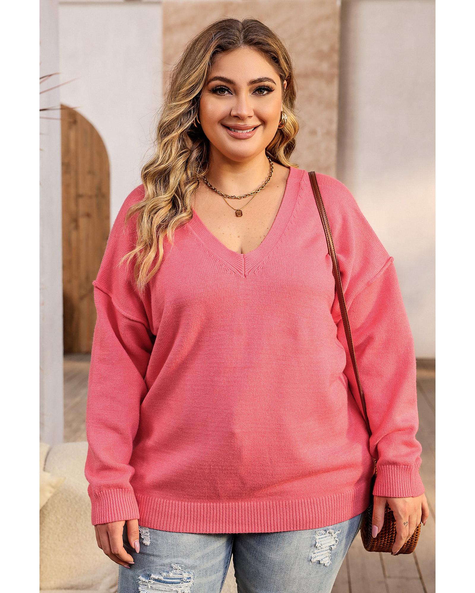 Pink Plus Size Drop Shoulder V Neck Sweater - 3X