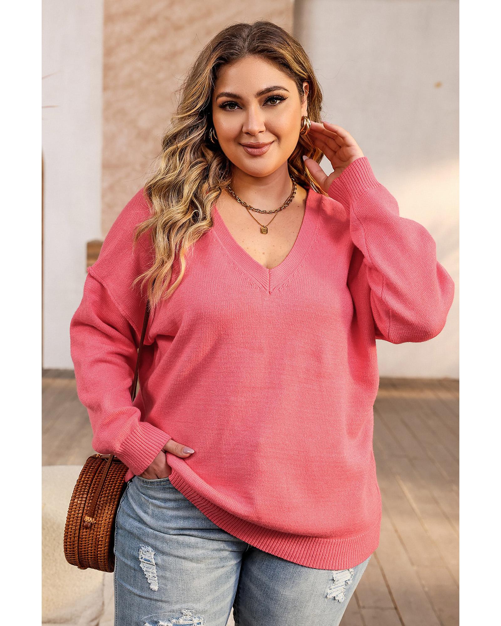 Pink Plus Size Drop Shoulder V Neck Sweater - 3X