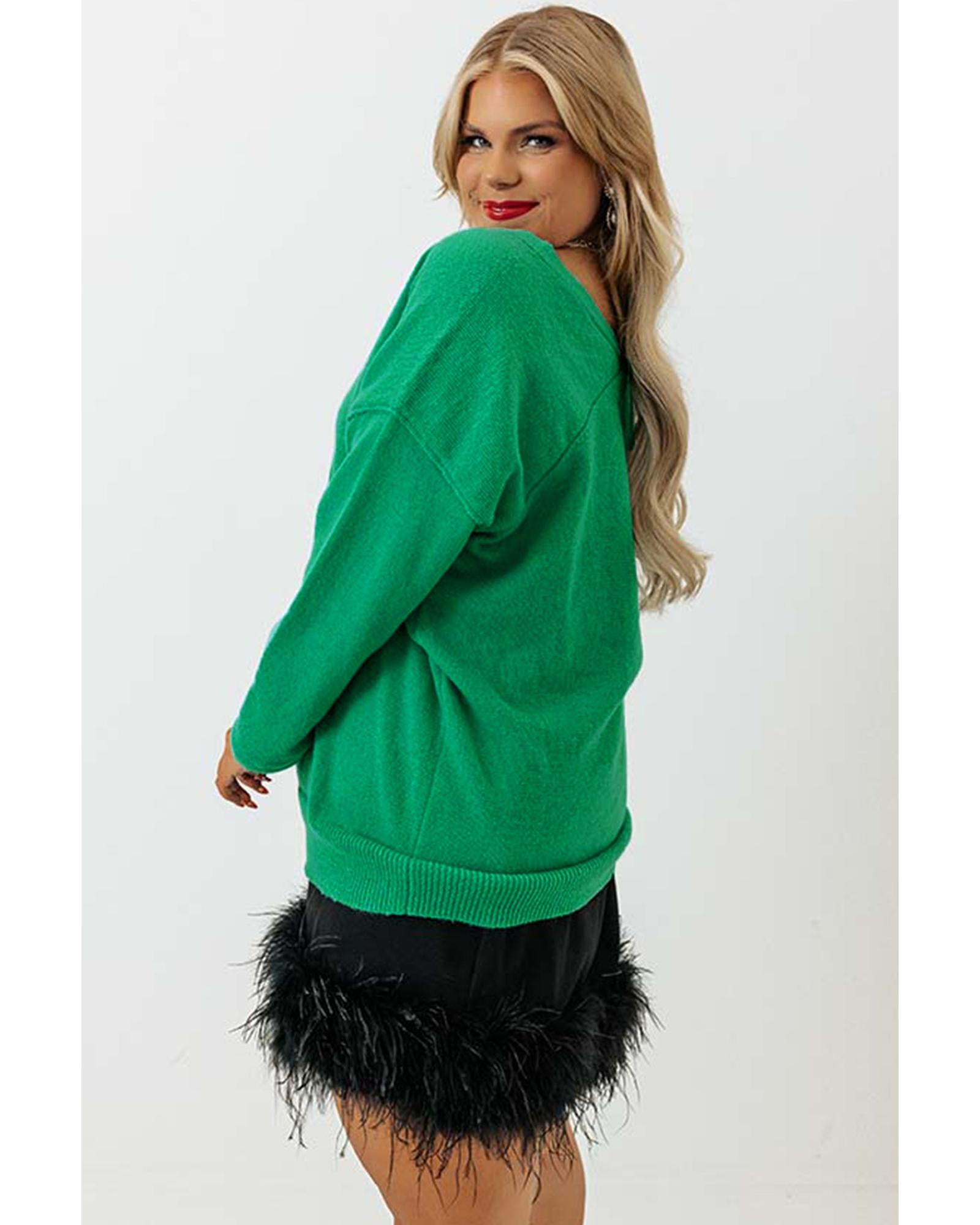 Green Plus Size Drop Shoulder V Neck Sweater - 3X