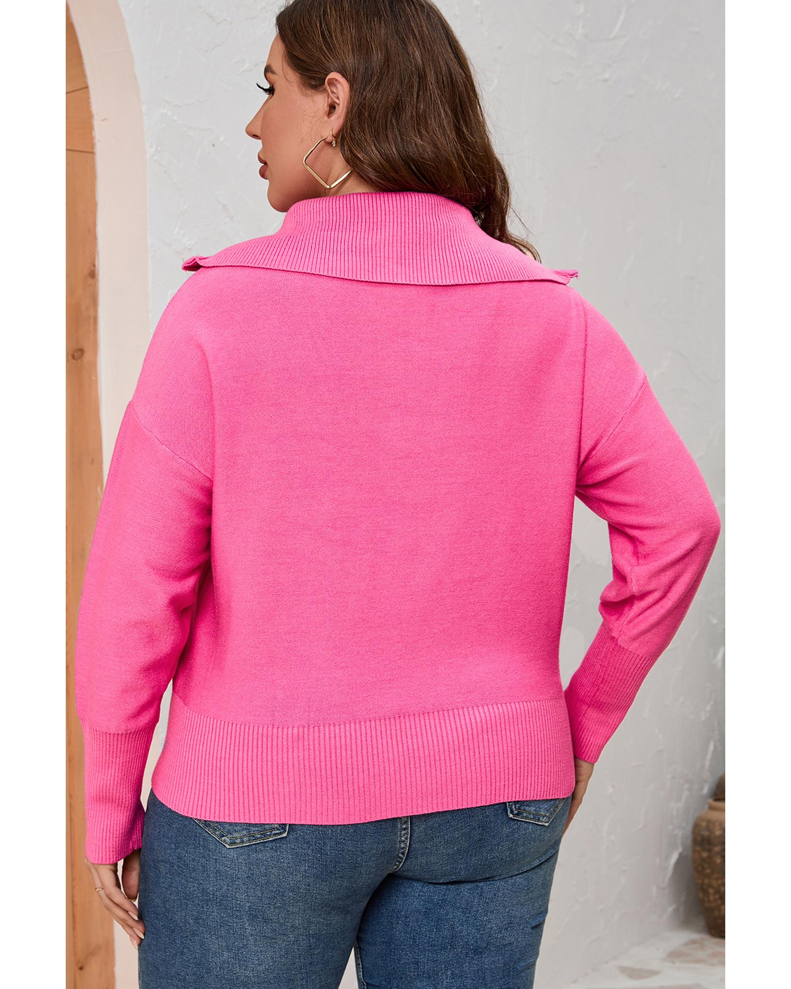 Rose Solid Ribbed Trim Plus Size Zip Collar Sweater - 2X