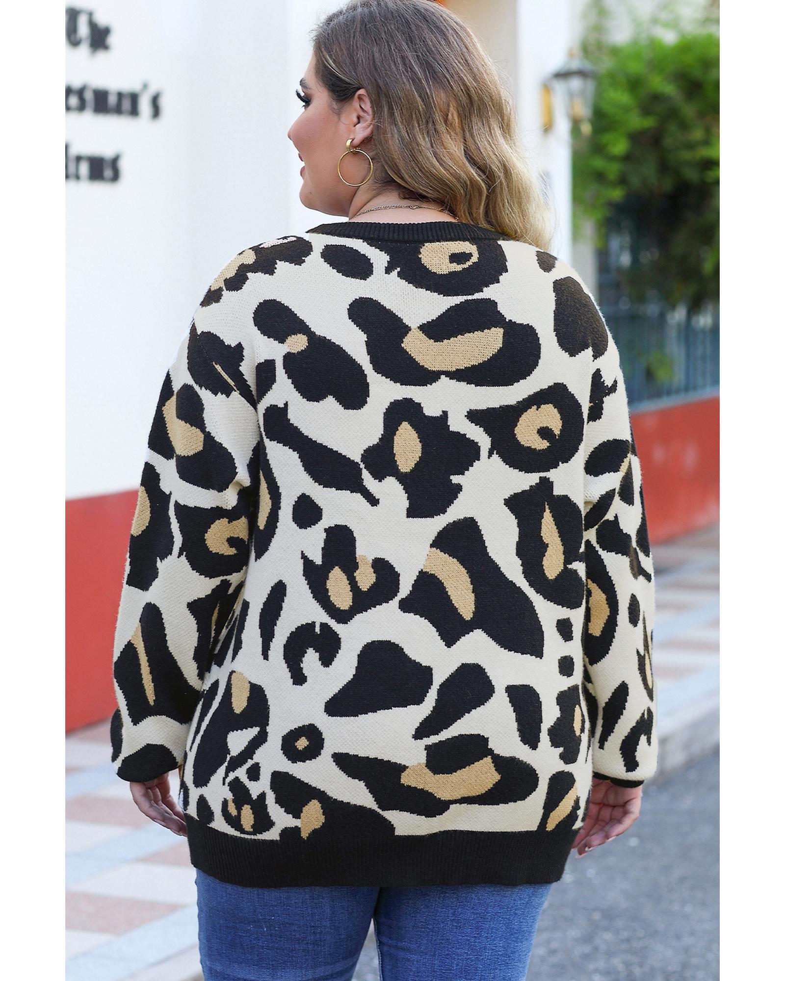 Leopard Ribbed Trim Pocketed Plus Size Sweater - 3X