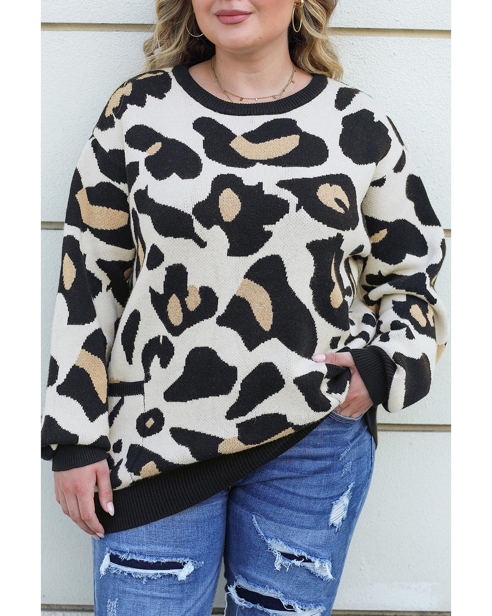 Leopard Ribbed Trim Pocketed Plus Size Sweater - 3X