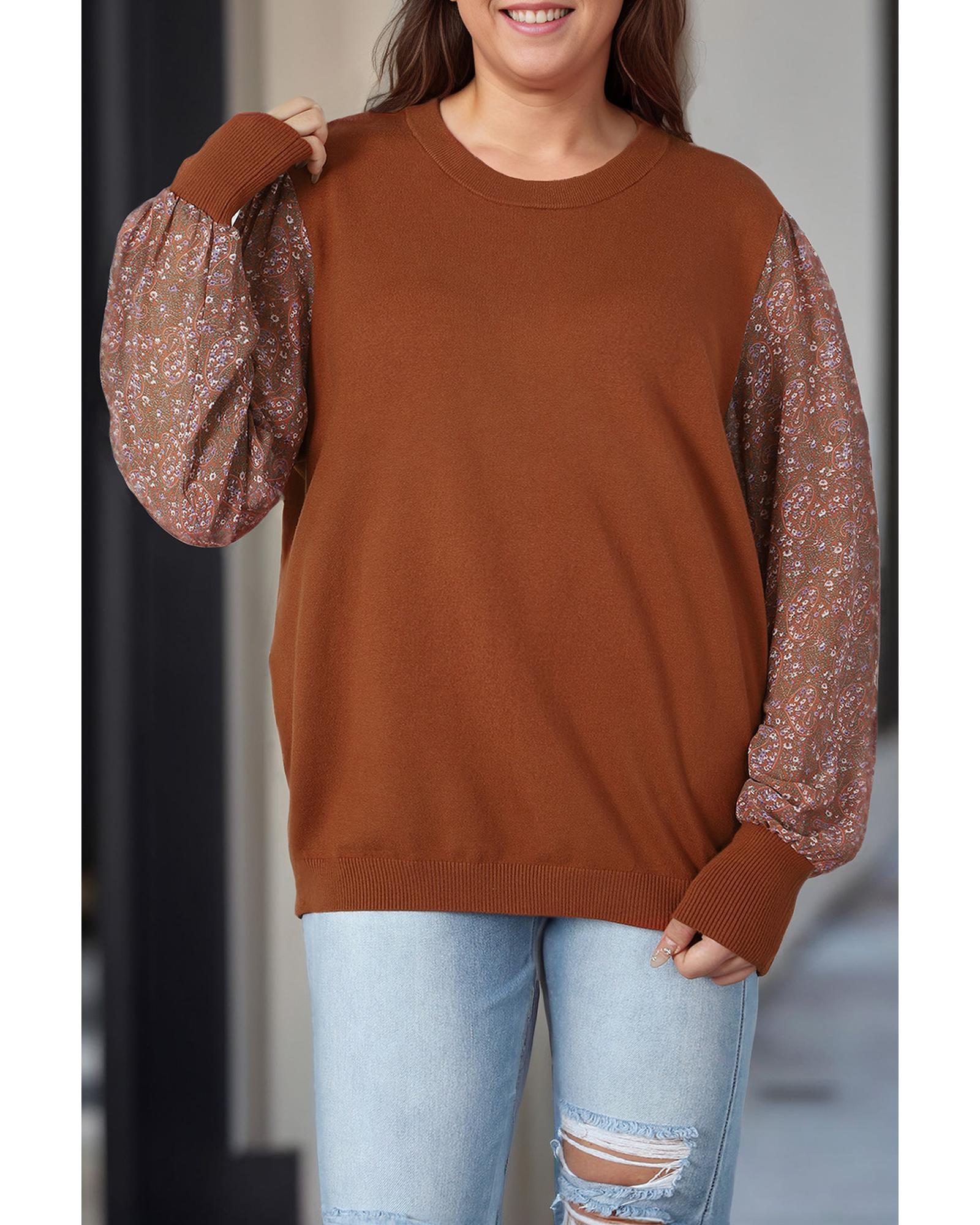 Brown Plus Size Printed Splicing Sleeve Ribbed Trim Sweater - 1X