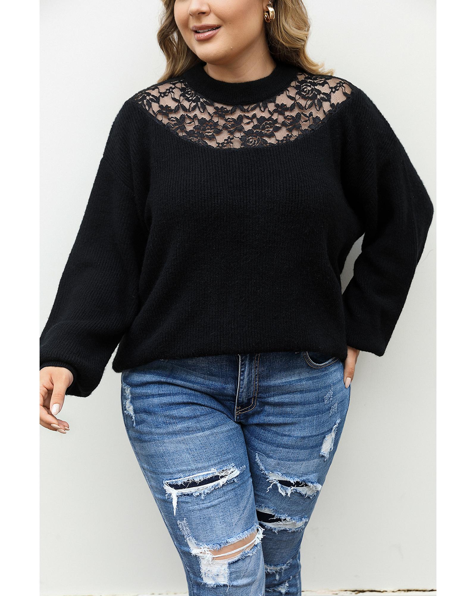 Black Plus Size Ribbed Knit Lace Splicing High Neck Sweater - 2X
