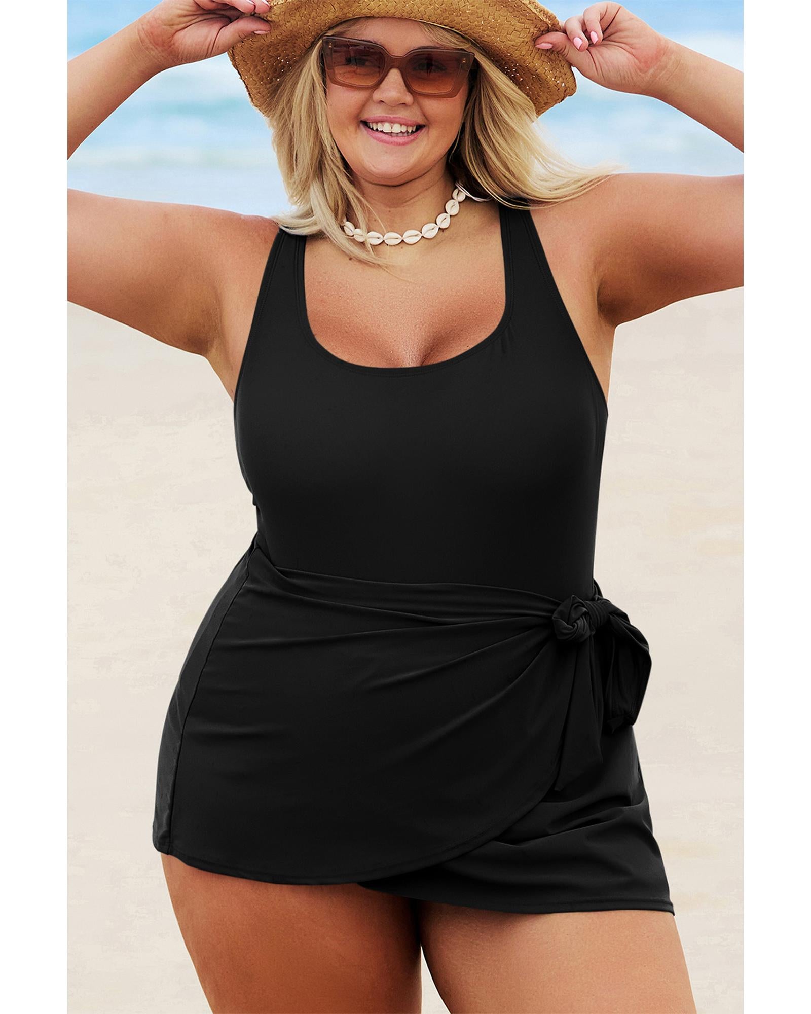 Black Solid Color Square Neck Knotted Plus Size One Piece Swimsuit - 2X