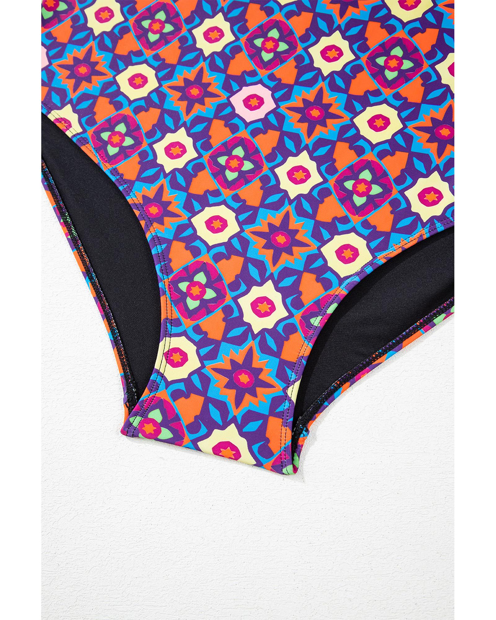 Black Drawstring Tied Front Flared Top Geometric Print Bottom Plus Size Tankinis - 3X