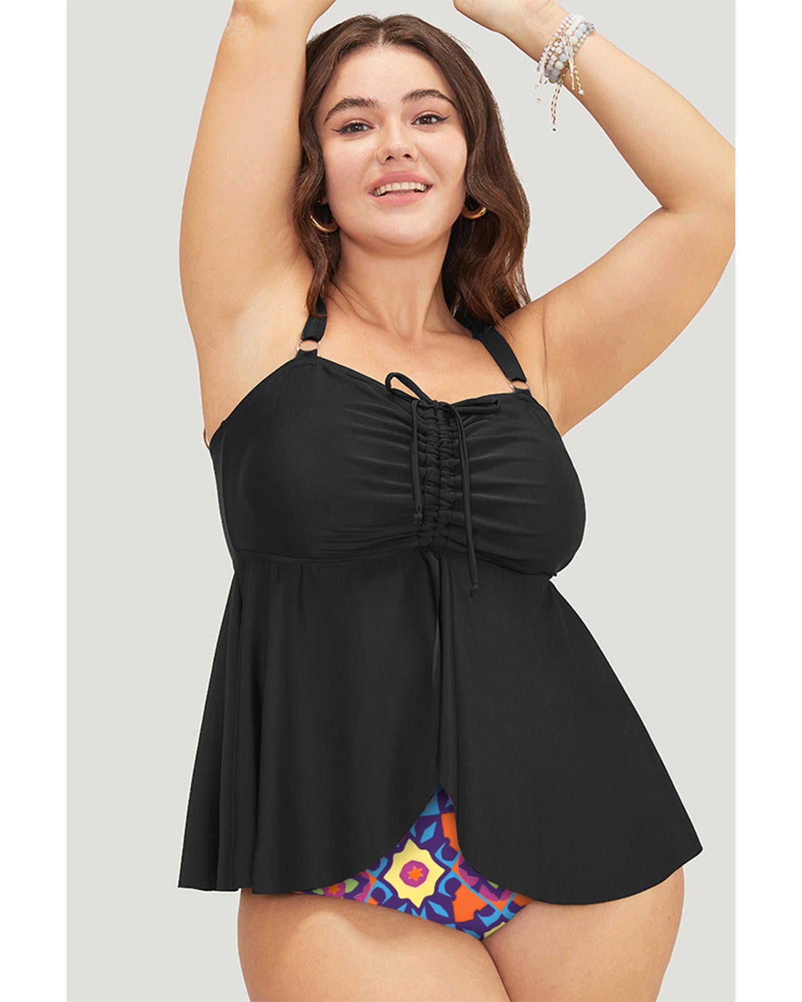 Black Drawstring Tied Front Flared Top Geometric Print Bottom Plus Size Tankinis - 3X