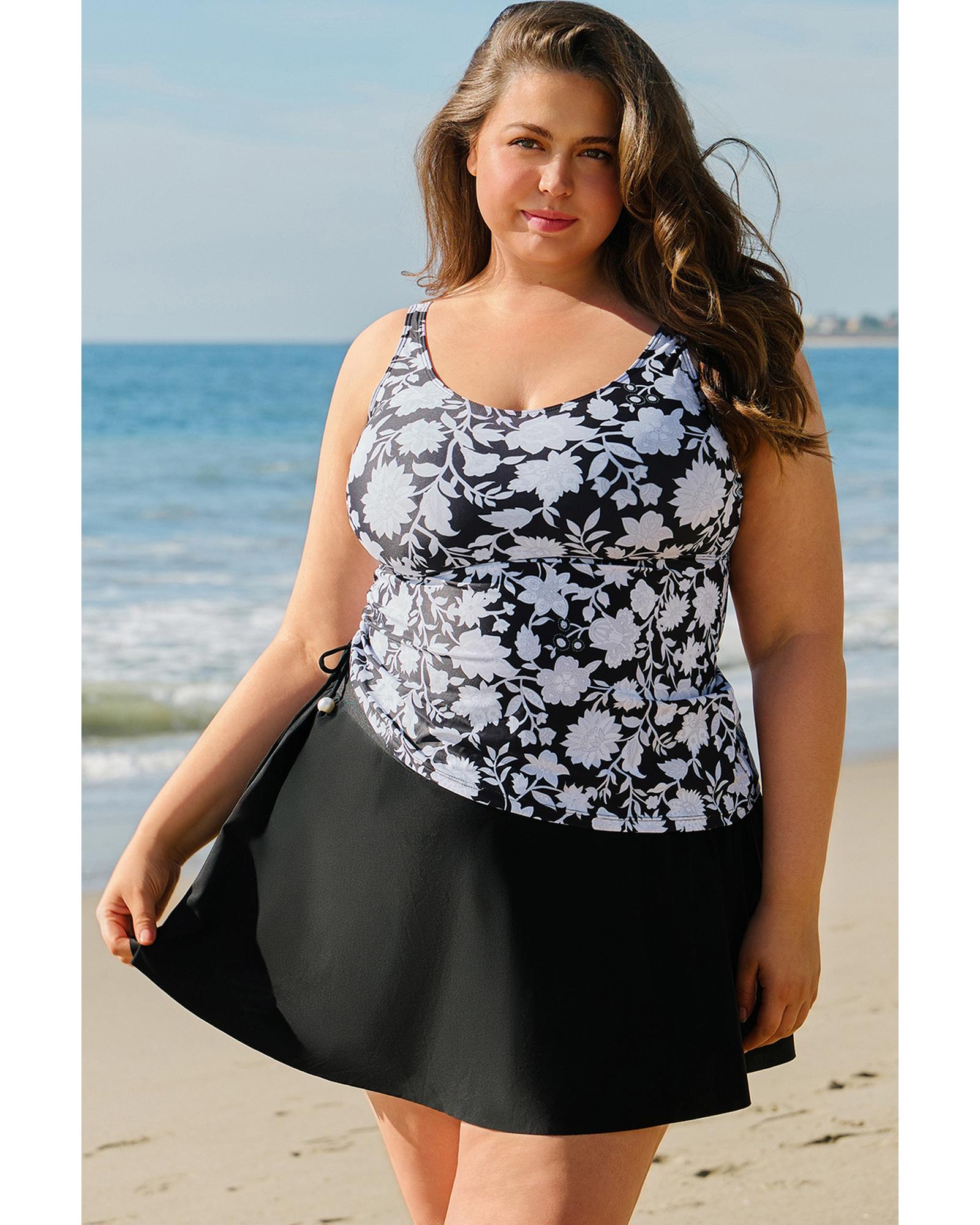 Black Plus Size Printed Square Neck Drawstring Ruffled Tankini Set - 2X