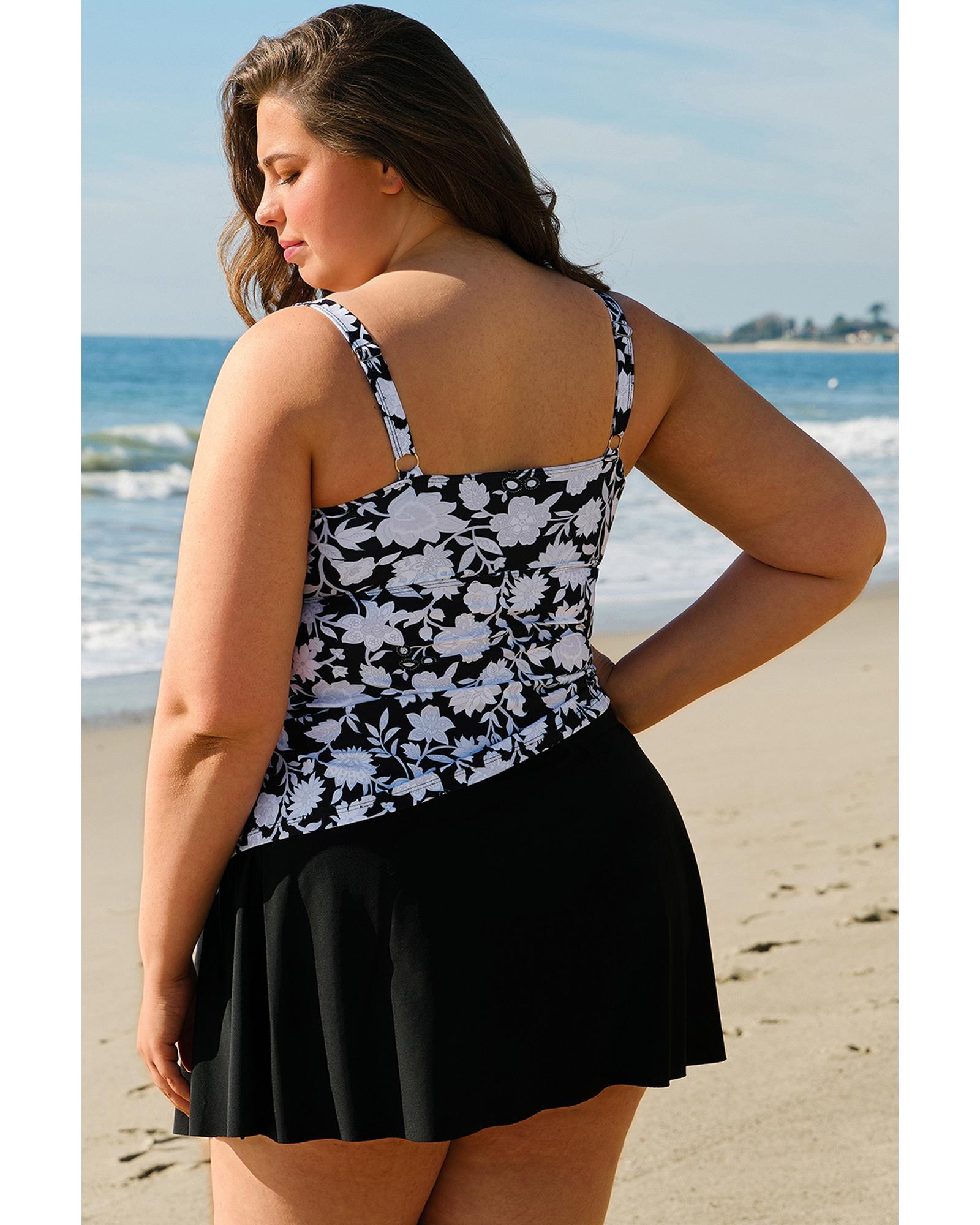 Black Plus Size Printed Square Neck Drawstring Ruffled Tankini Set - 2X