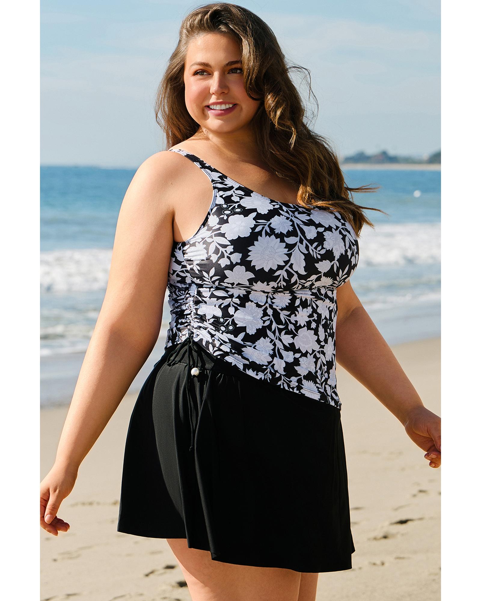 Black Plus Size Printed Square Neck Drawstring Ruffled Tankini Set - 3X