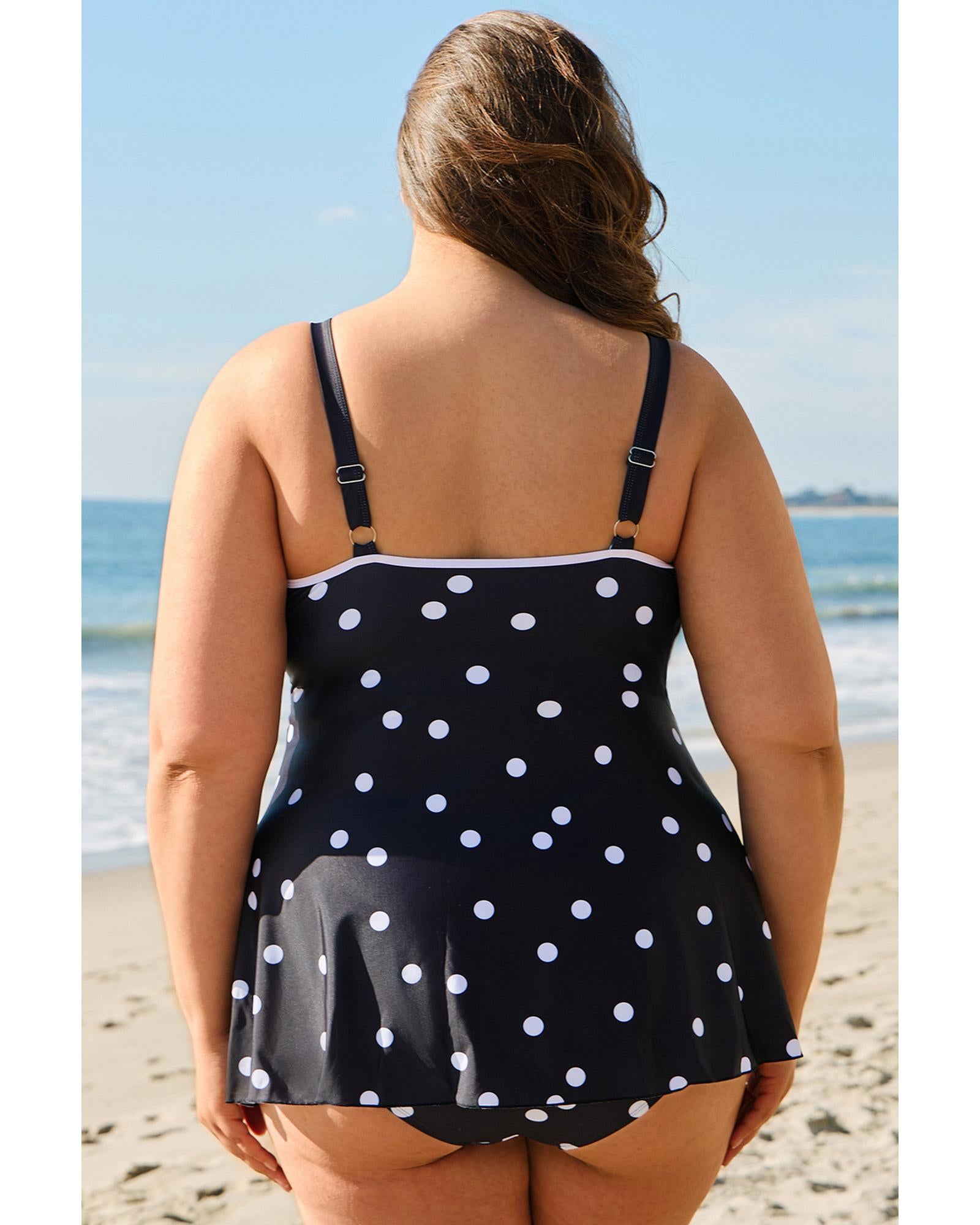 Black Polka Dot Trim V Neck Plus Size Swim Dress - 3X