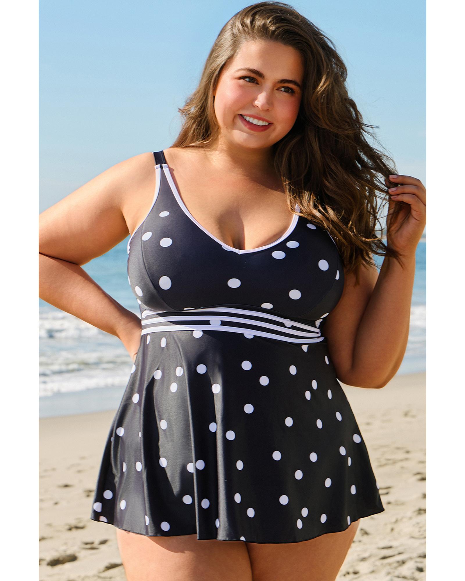 Black Polka Dot Trim V Neck Plus Size Swim Dress - 3X