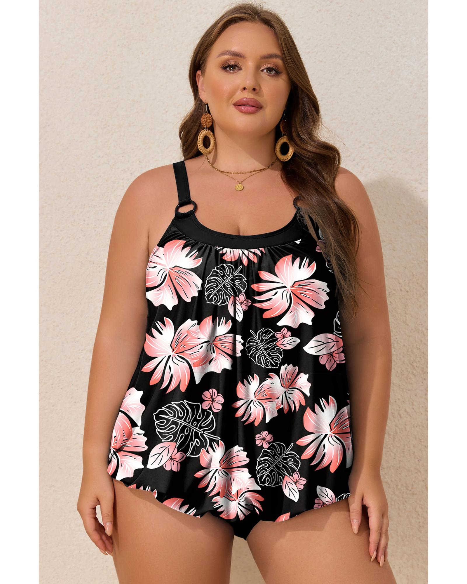 Black 2pcs Plus Size Wide Strap Floral Top Tankini Set - 2X