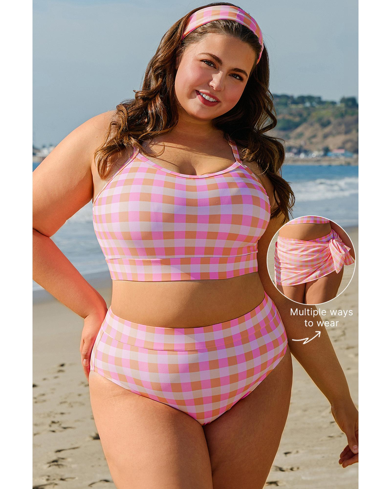 Pink Plus Size Plaid Print High Waist Bikini Set - 3X