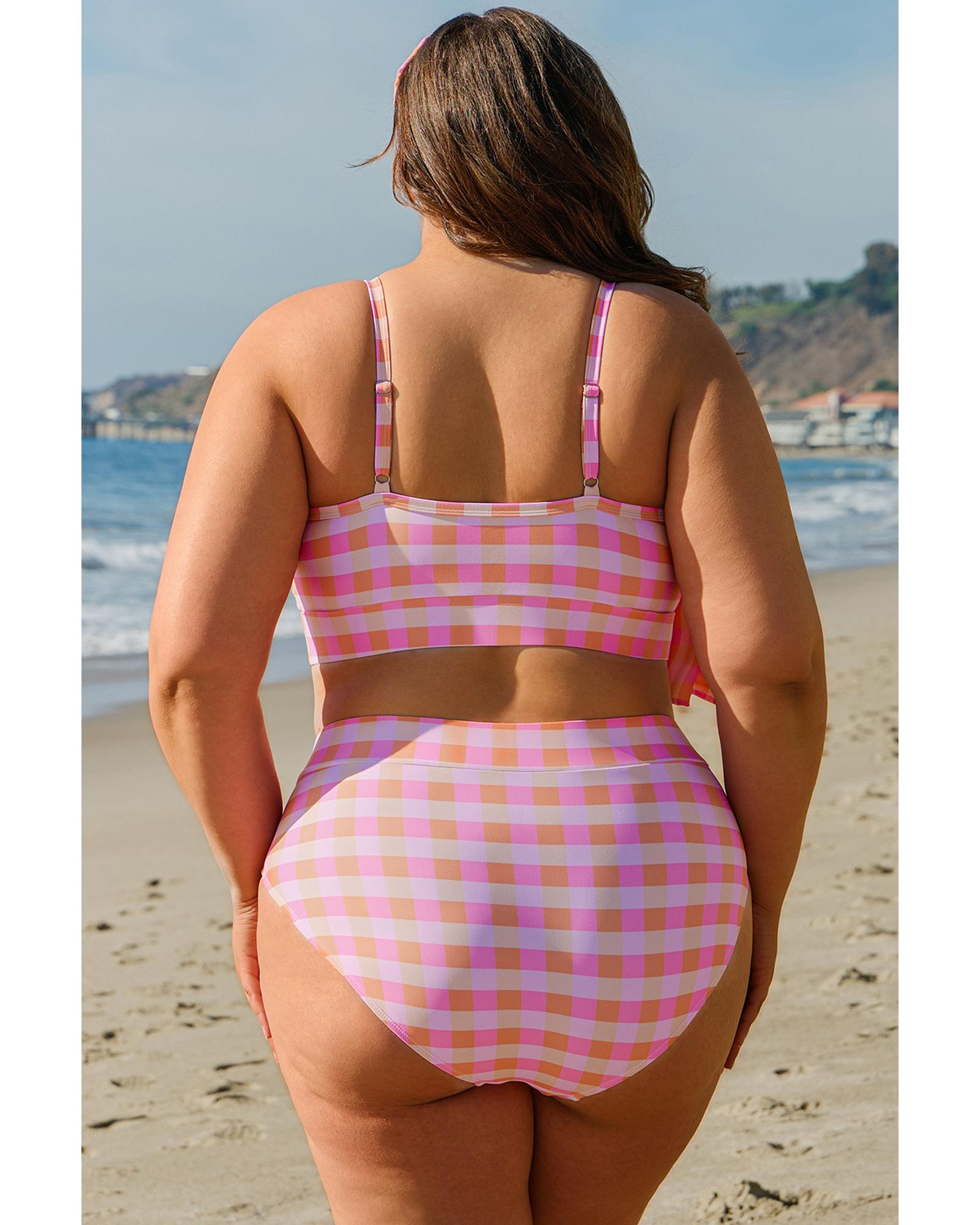 Pink Plus Size Plaid Print High Waist Bikini Set - 3X