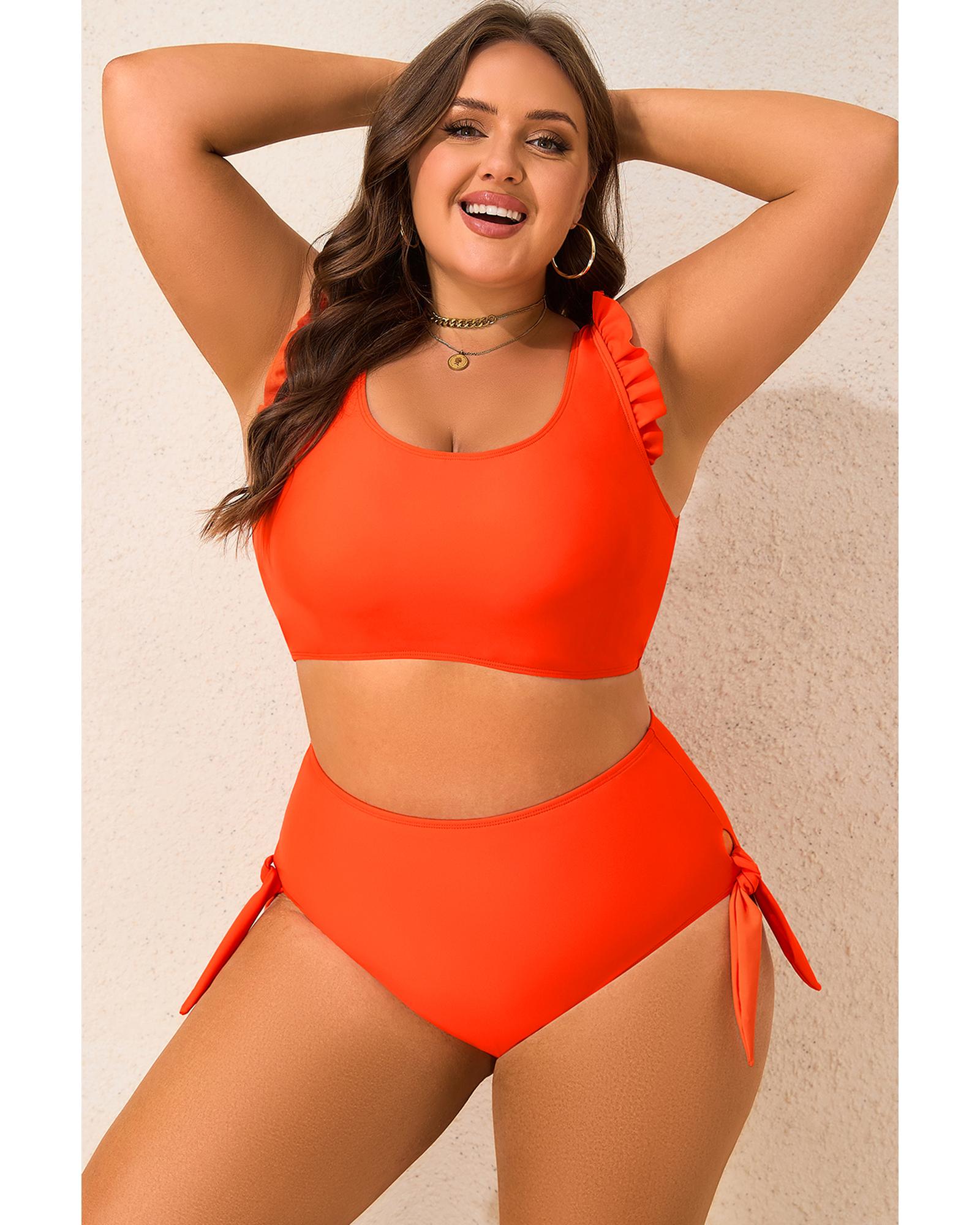 Orange Ruffled Trim Knotted High Waist Plus Size Bikini Set - 4X