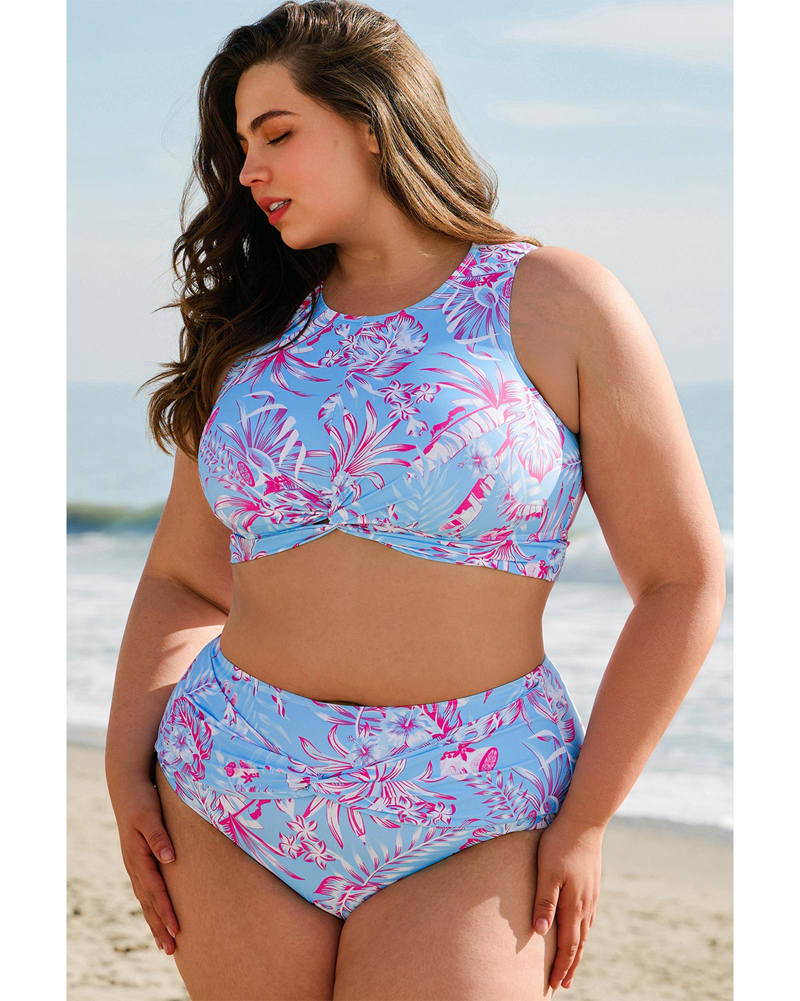 Sky Blue Plus Size Floral Print Twisted High Waist Bikini Set - 1X