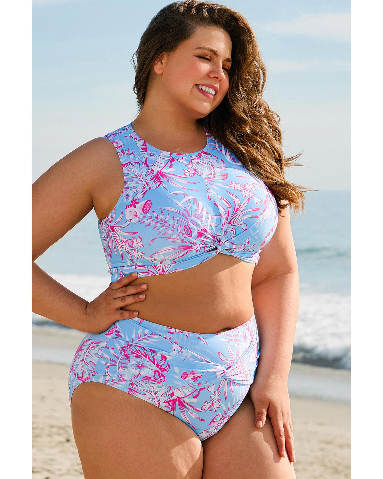 Sky Blue Plus Size Floral Print Twisted High Waist Bikini Set - 1X