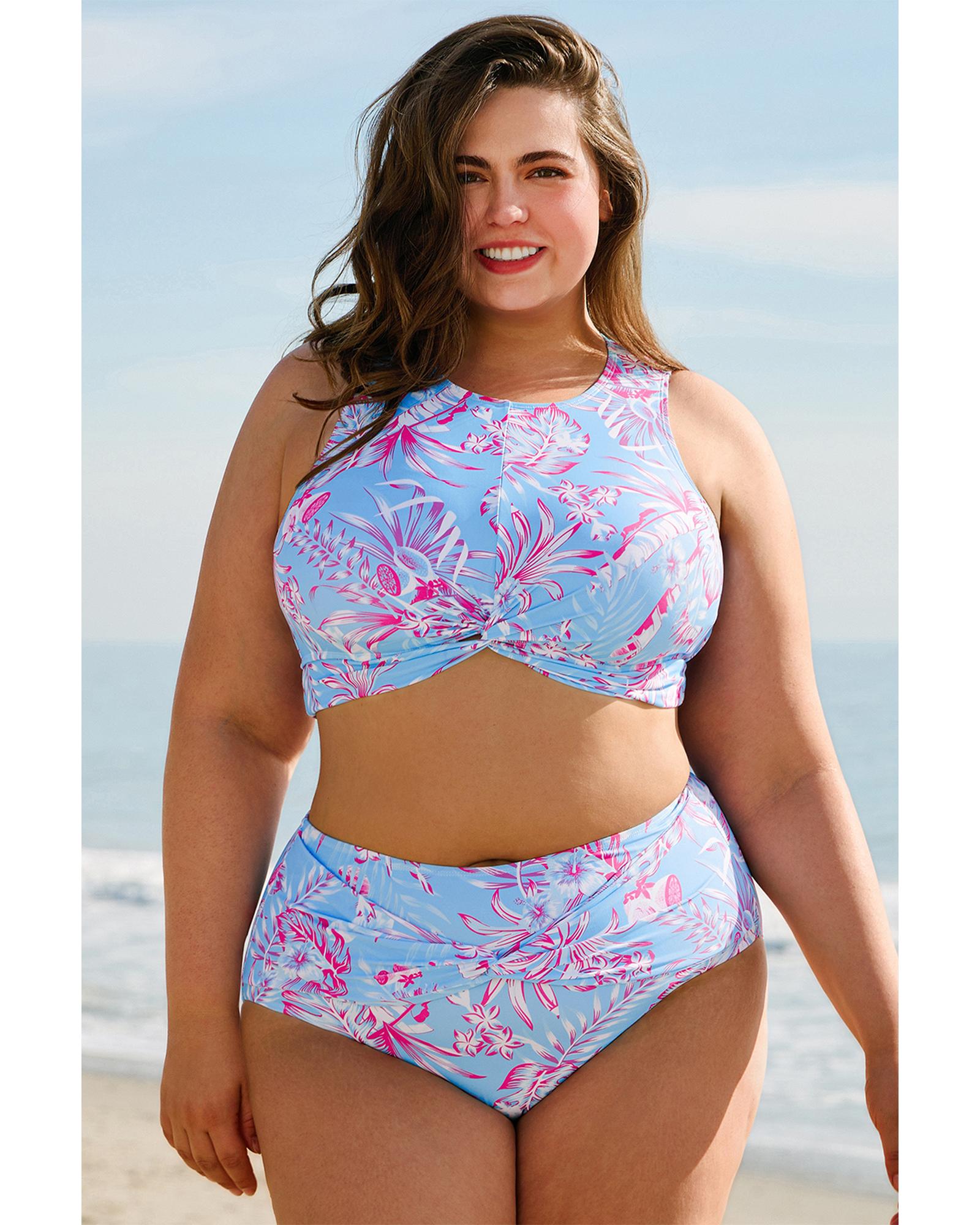 Sky Blue Plus Size Floral Print Twisted High Waist Bikini Set - 1X