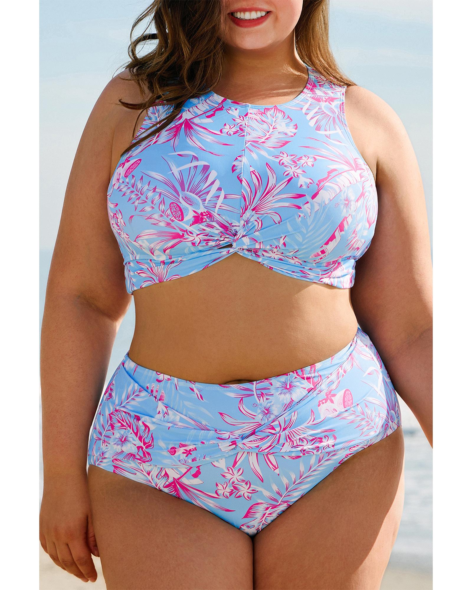 Sky Blue Plus Size Floral Print Twisted High Waist Bikini Set - 1X