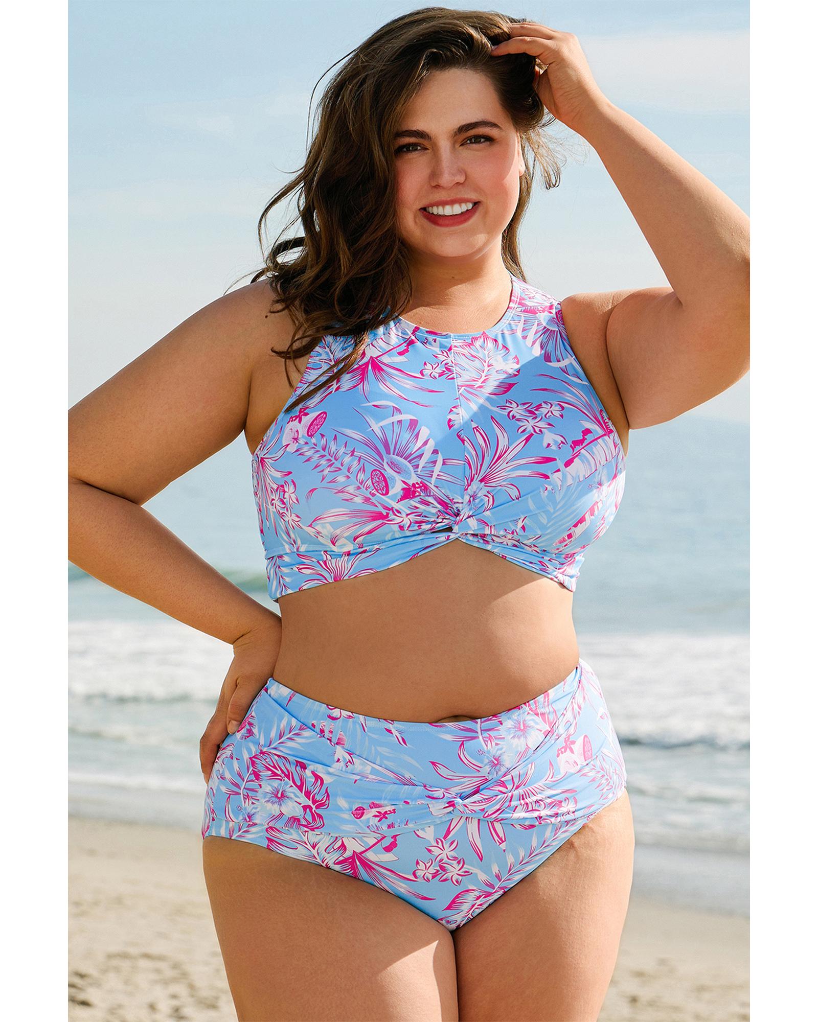 Sky Blue Plus Size Floral Print Twisted High Waist Bikini Set - 2X