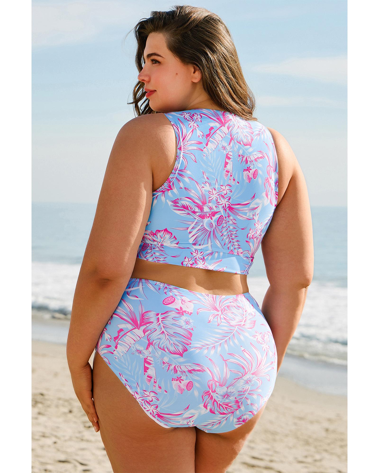Sky Blue Plus Size Floral Print Twisted High Waist Bikini Set - 3X