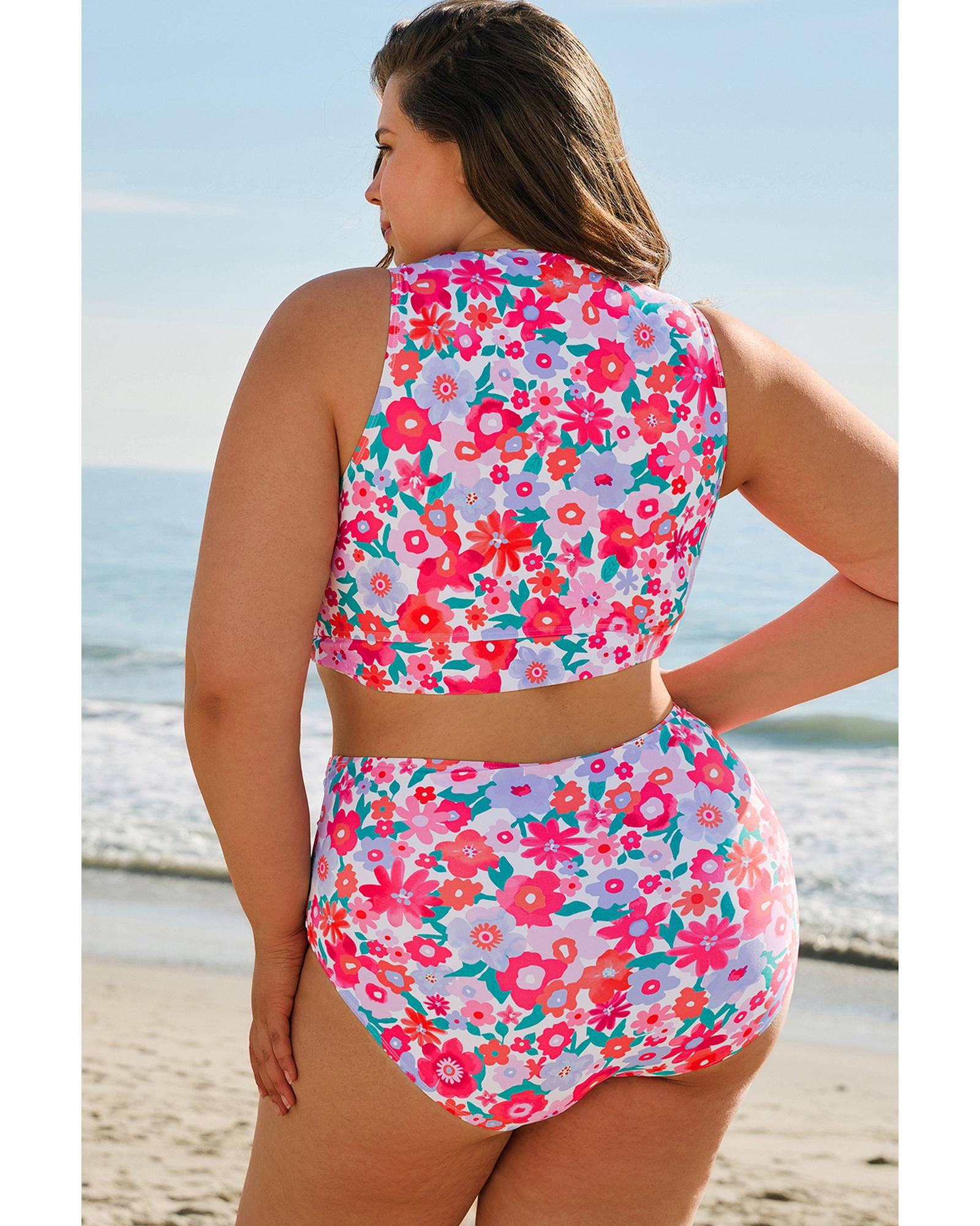 Rose Plus Size Floral Print Twisted High Waist Bikini Set - 1X