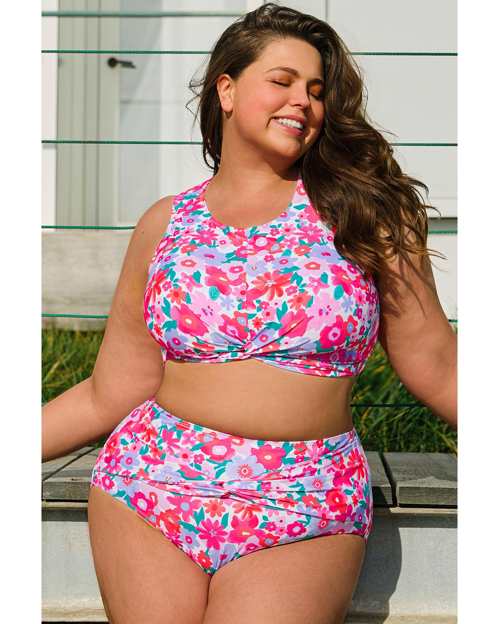 Rose Plus Size Floral Print Twisted High Waist Bikini Set - 3X