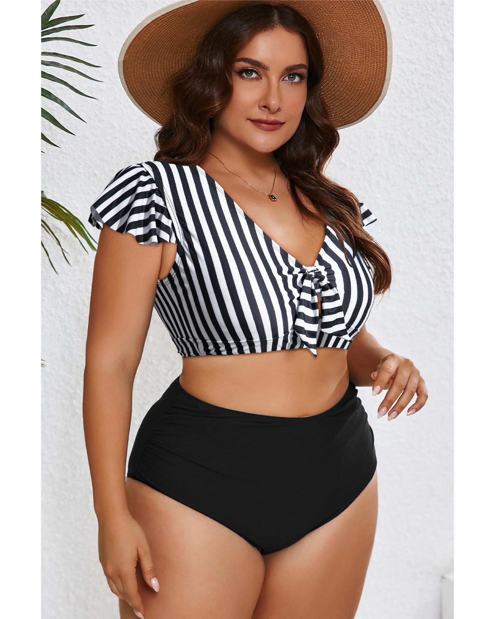 Black Stripe Plus Size Knot Cutout Ruffle Sleeve and High Waisted 2pcs Swimsuit - 3X