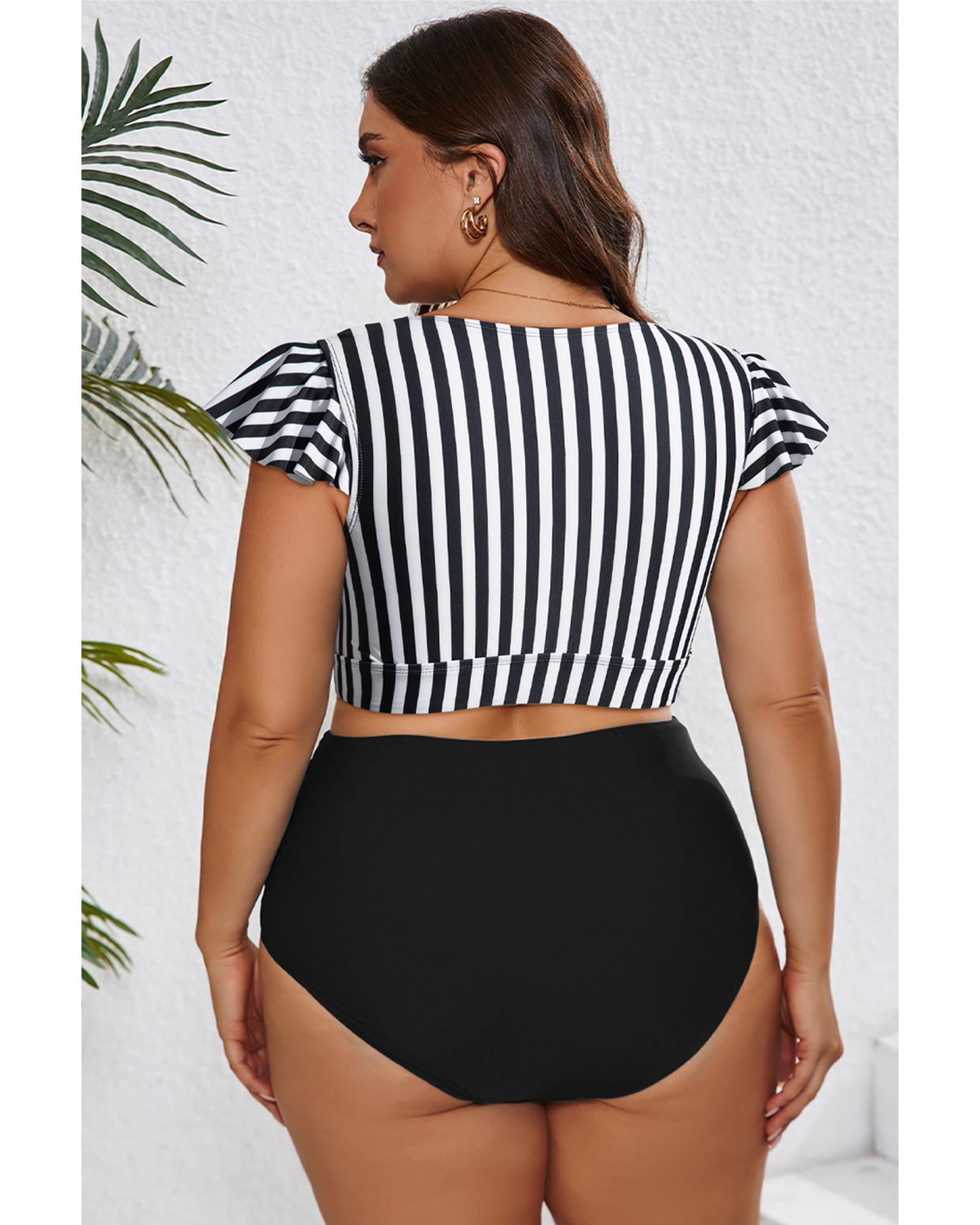 Black Stripe Plus Size Knot Cutout Ruffle Sleeve and High Waisted 2pcs Swimsuit - 4X