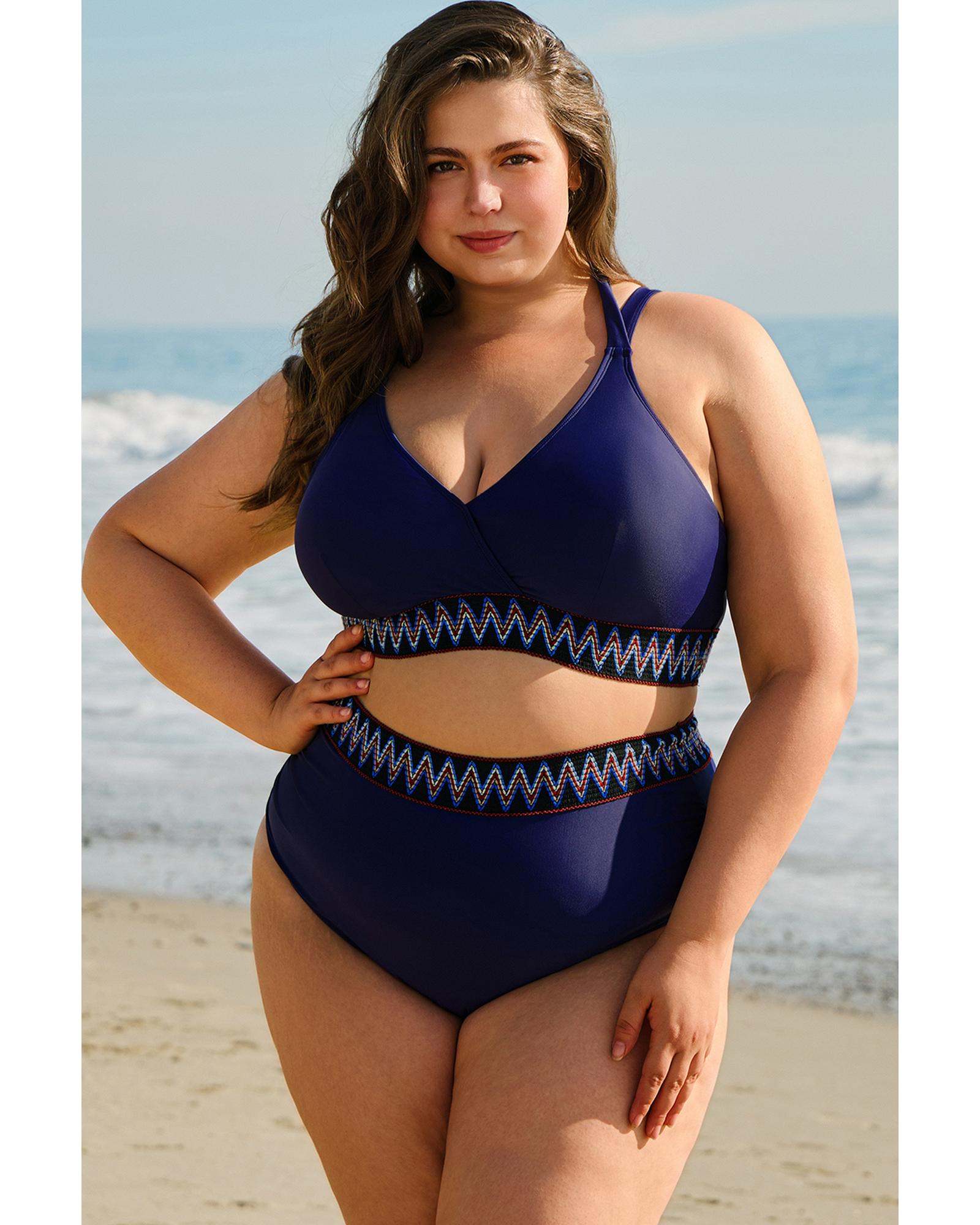 Navy Blue Embroidered Trim Wrap Tie Knot Plus Size High Waisted Bikini - 2X