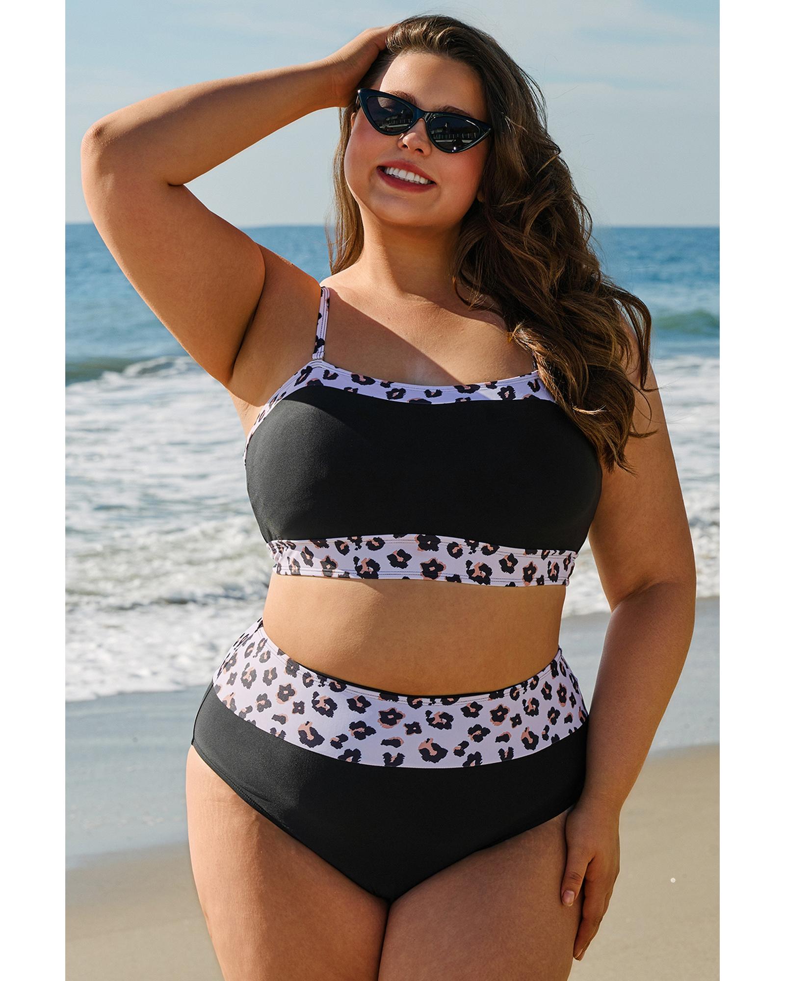 Black 2pcs Leopard Patchwork Plus Size High Waisted Swimsuit - 3X
