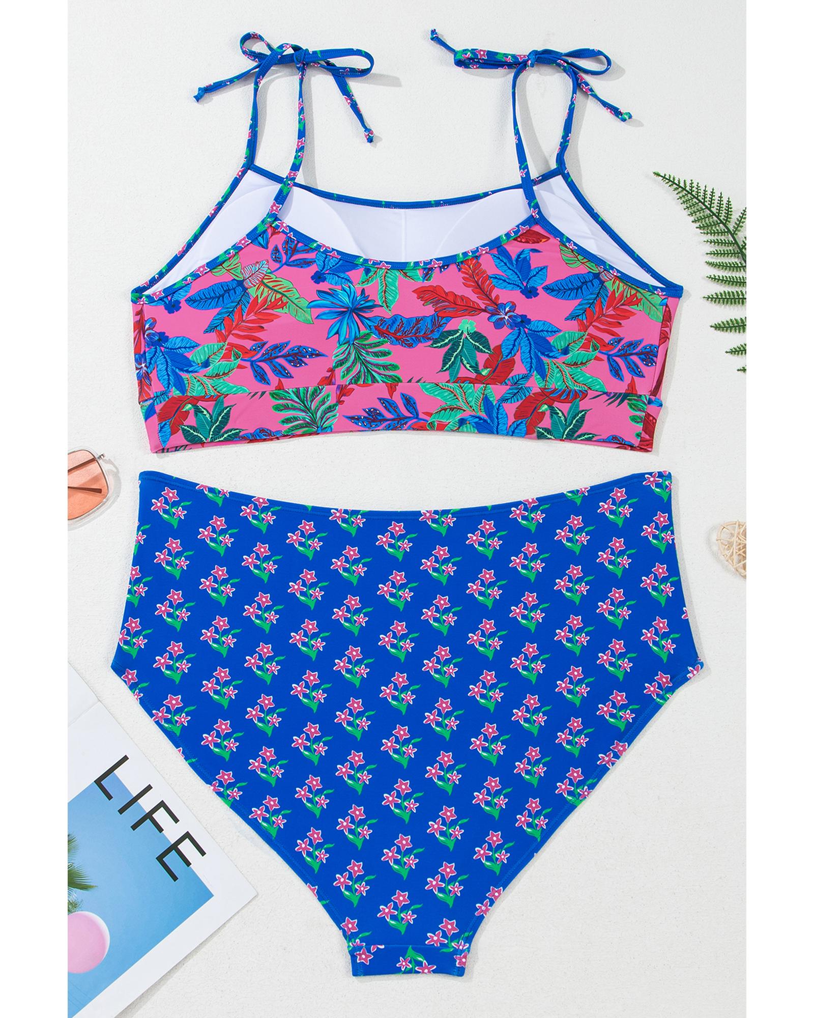 Blue Fashion Print Tied Straps Crop Vest and High Waist Plus Size Bikini - 2X