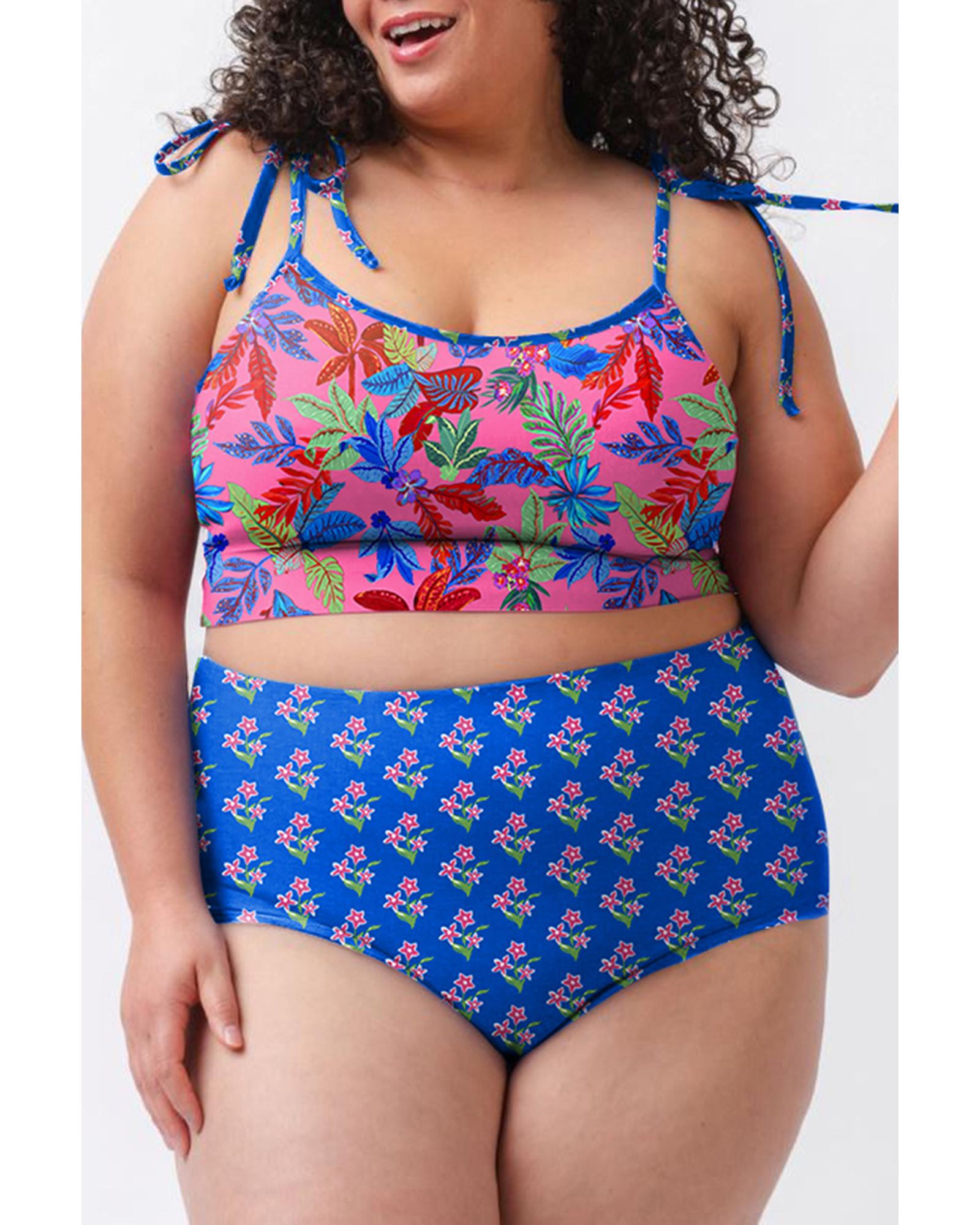 Blue Fashion Print Tied Straps Crop Vest and High Waist Plus Size Bikini - 3X