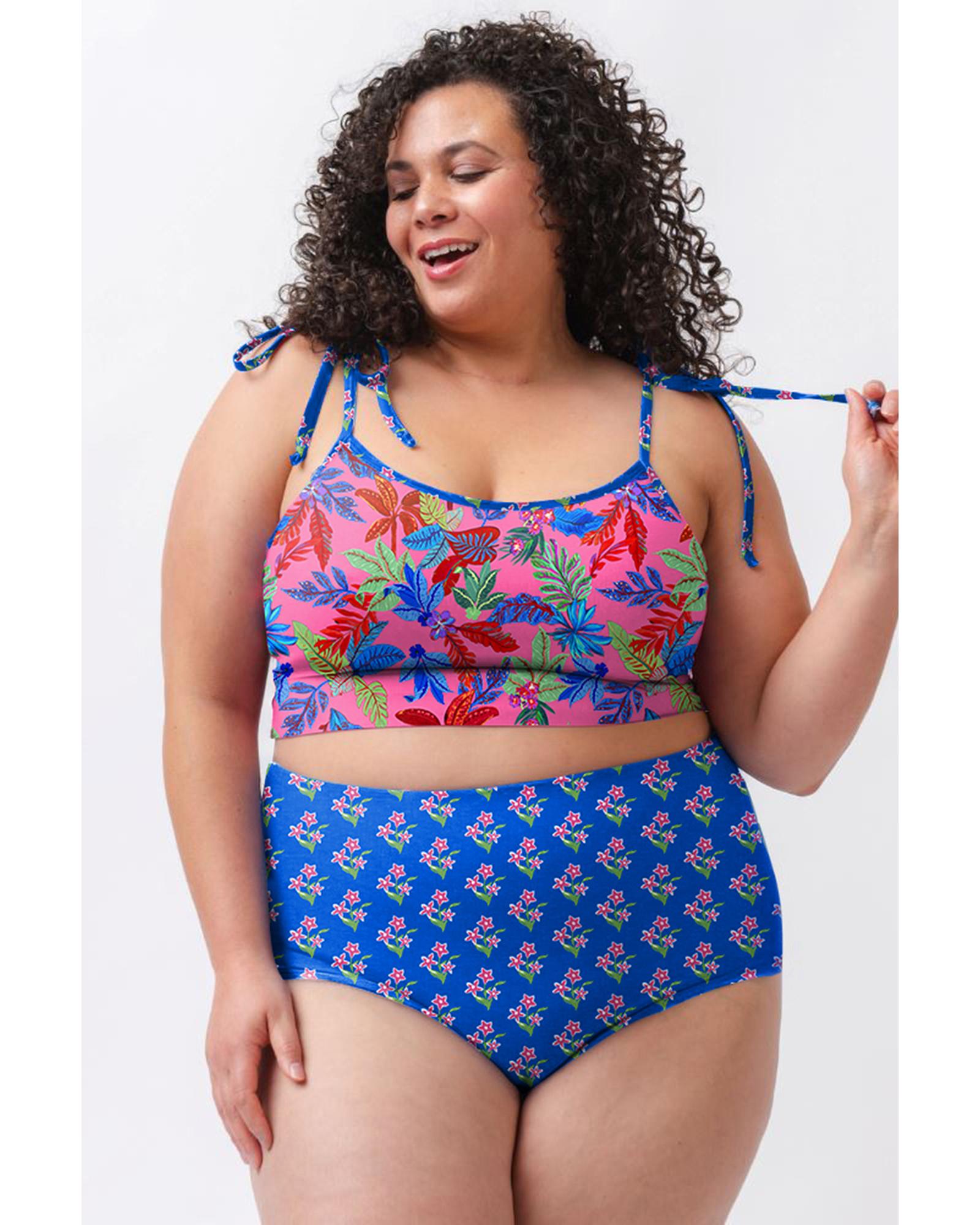 Blue Fashion Print Tied Straps Crop Vest and High Waist Plus Size Bikini - 3X