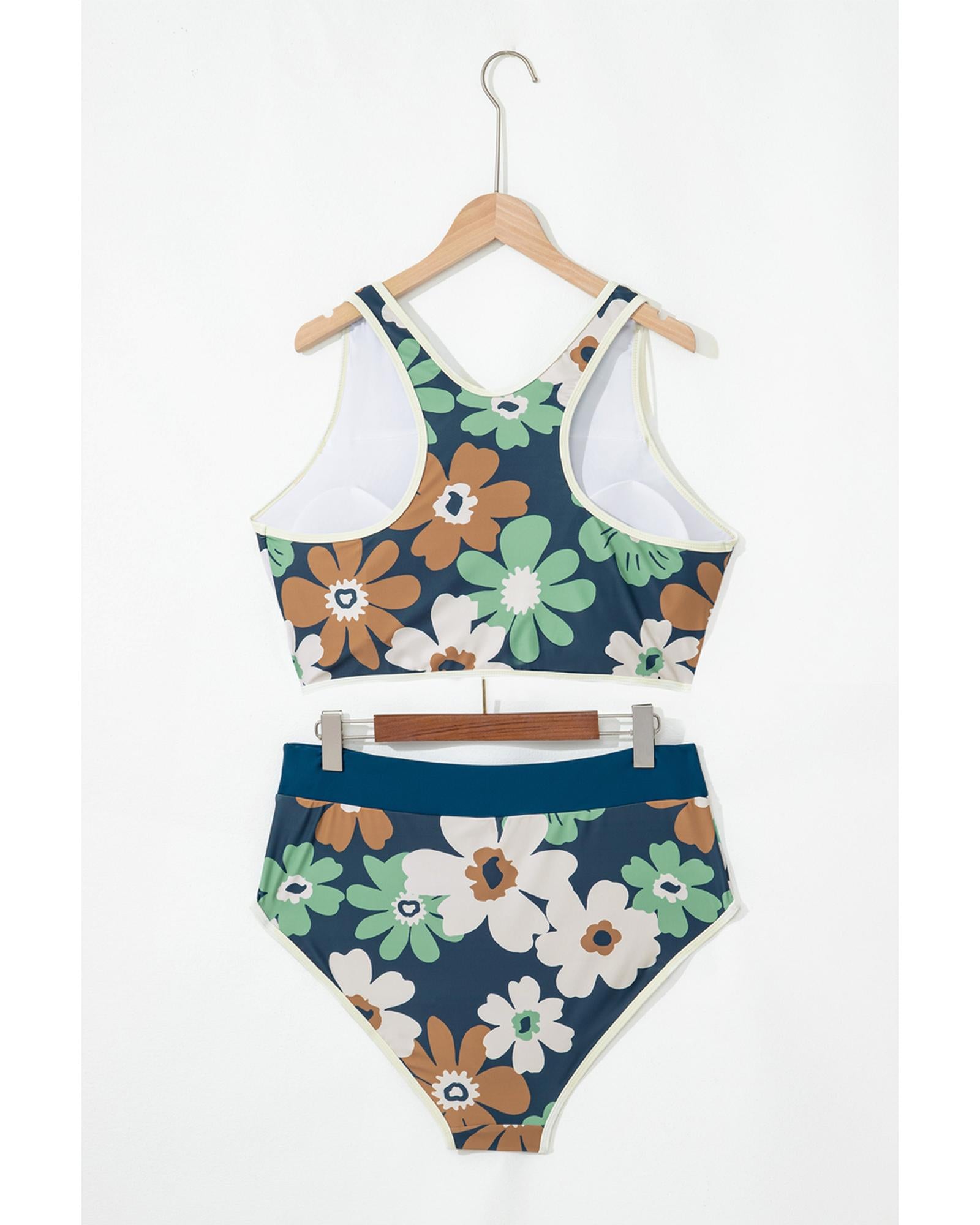 Green Floral Printed Zipped Plus Size Two Pieces Bikini - 1X