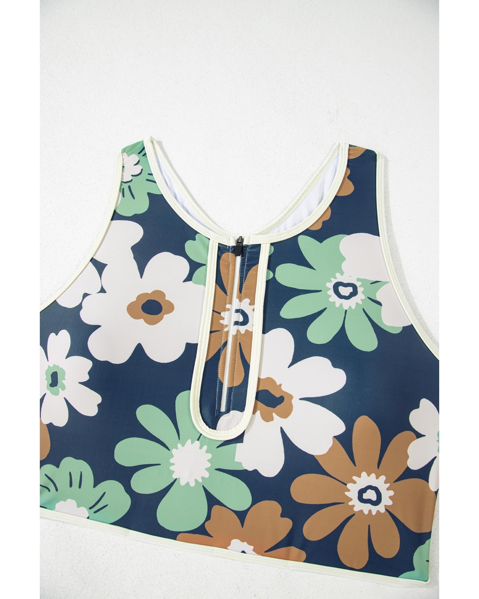 Green Floral Printed Zipped Plus Size Two Pieces Bikini - 2X