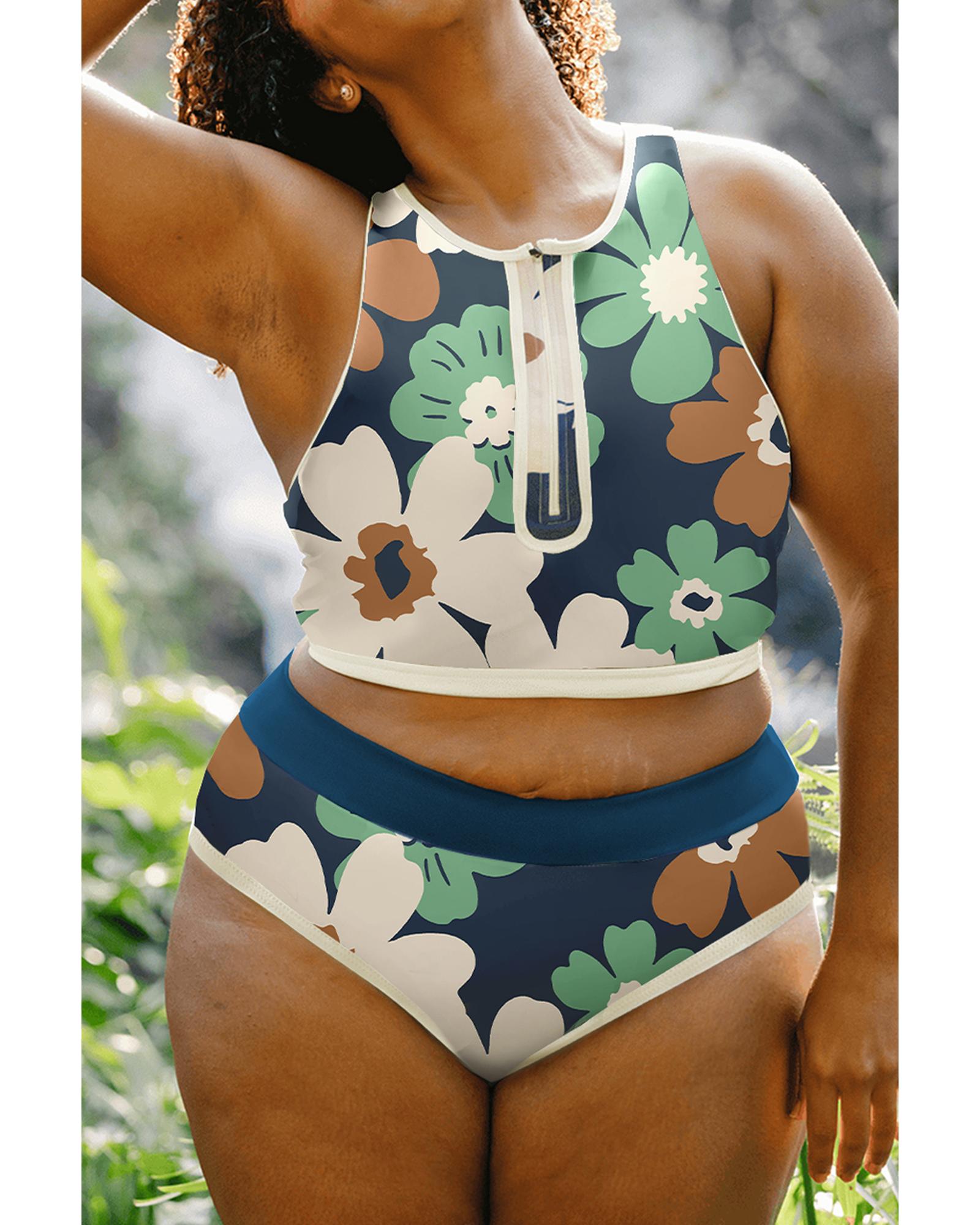 Green Floral Printed Zipped Plus Size Two Pieces Bikini - 4X