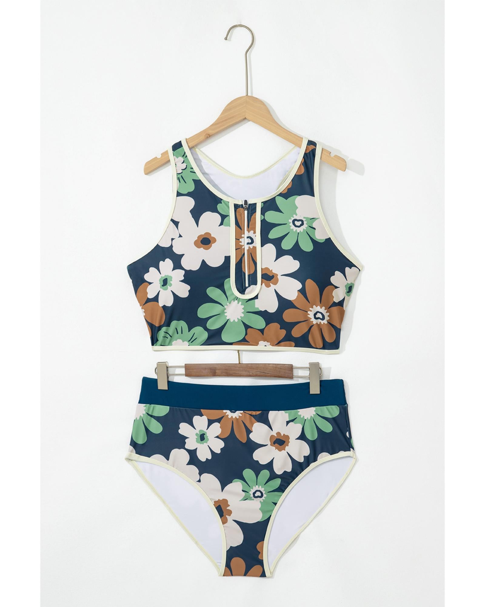 Green Floral Printed Zipped Plus Size Two Pieces Bikini - 4X