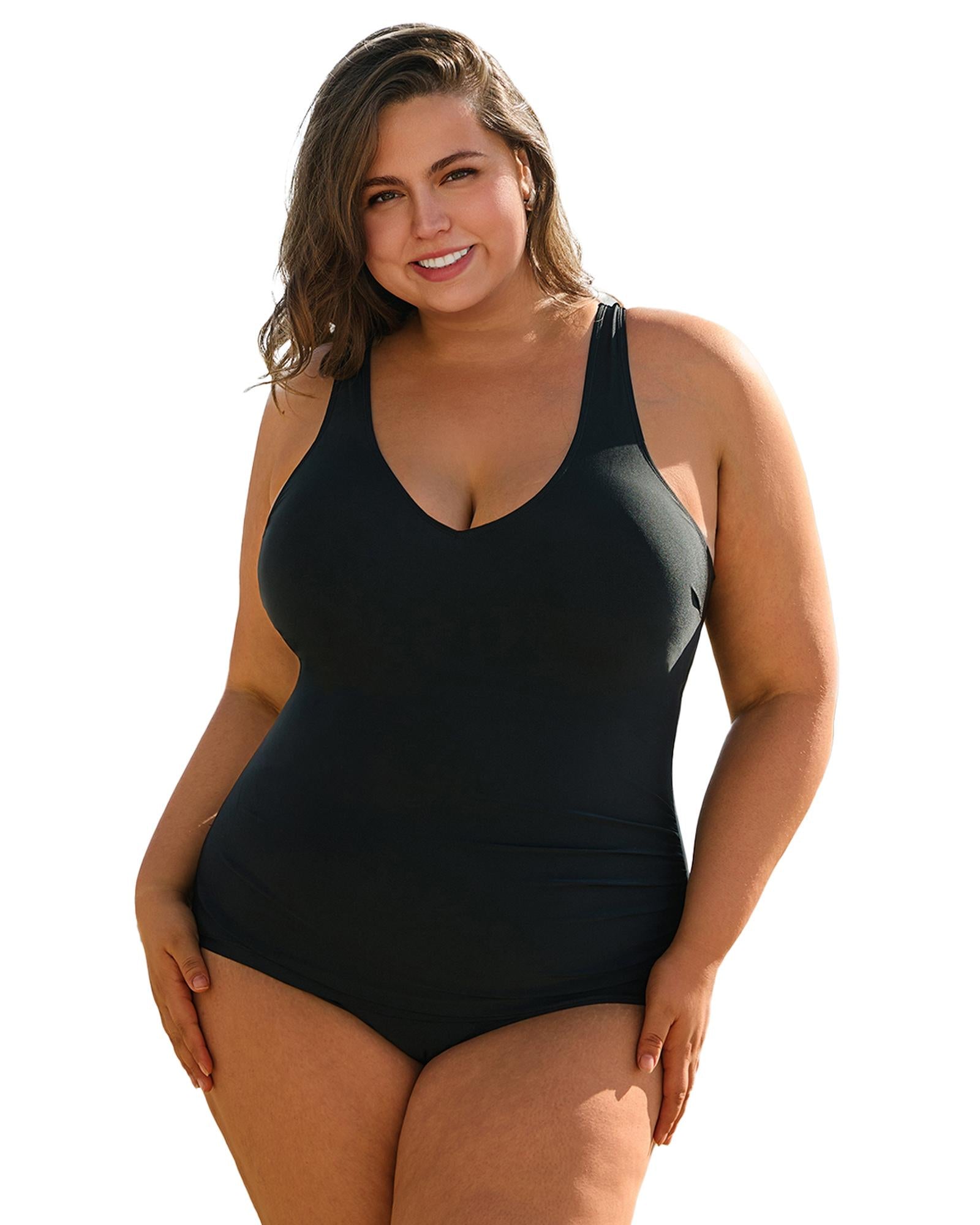 Black Solid Color U Neck Padded Plus Size One Piece Swimsuit - 2X