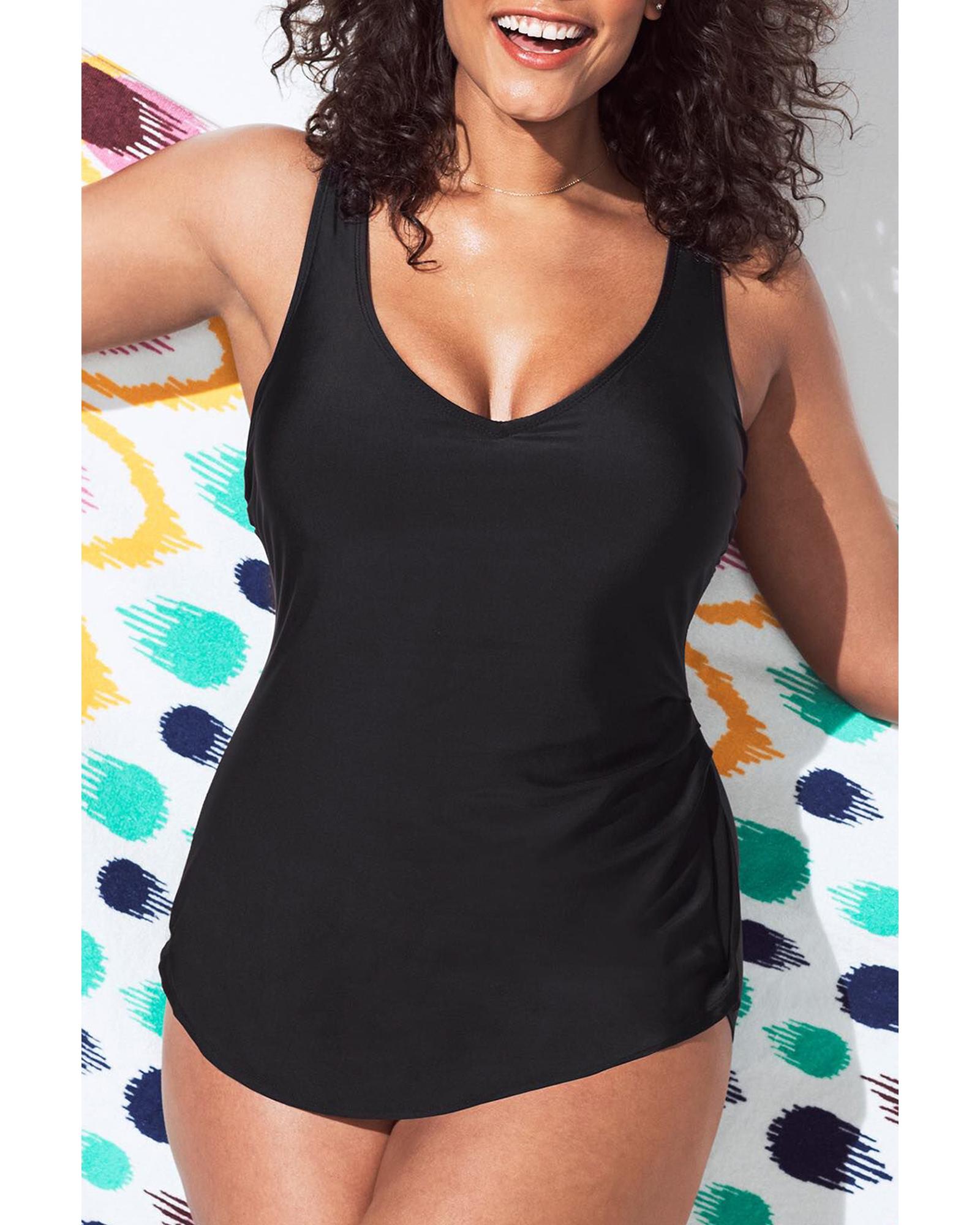 Black Solid Color U Neck Padded Plus Size One Piece Swimsuit - 4X