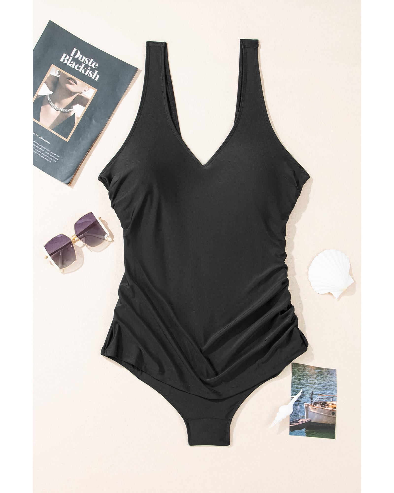 Black Solid Color U Neck Padded Plus Size One Piece Swimsuit - 4X