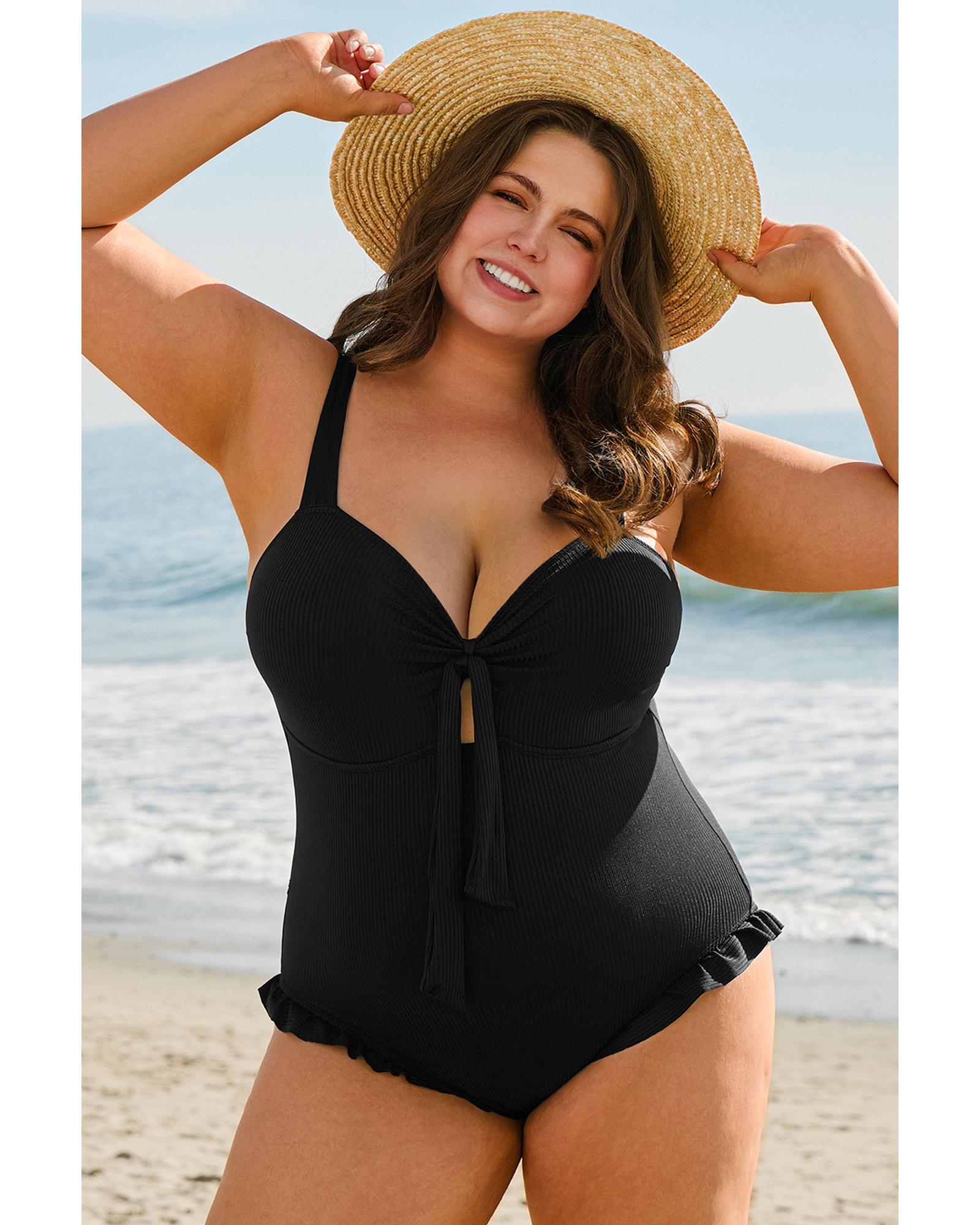 Black Plus Size Textured Knotted Ruffled Trim One Piece Swimwear - 1X