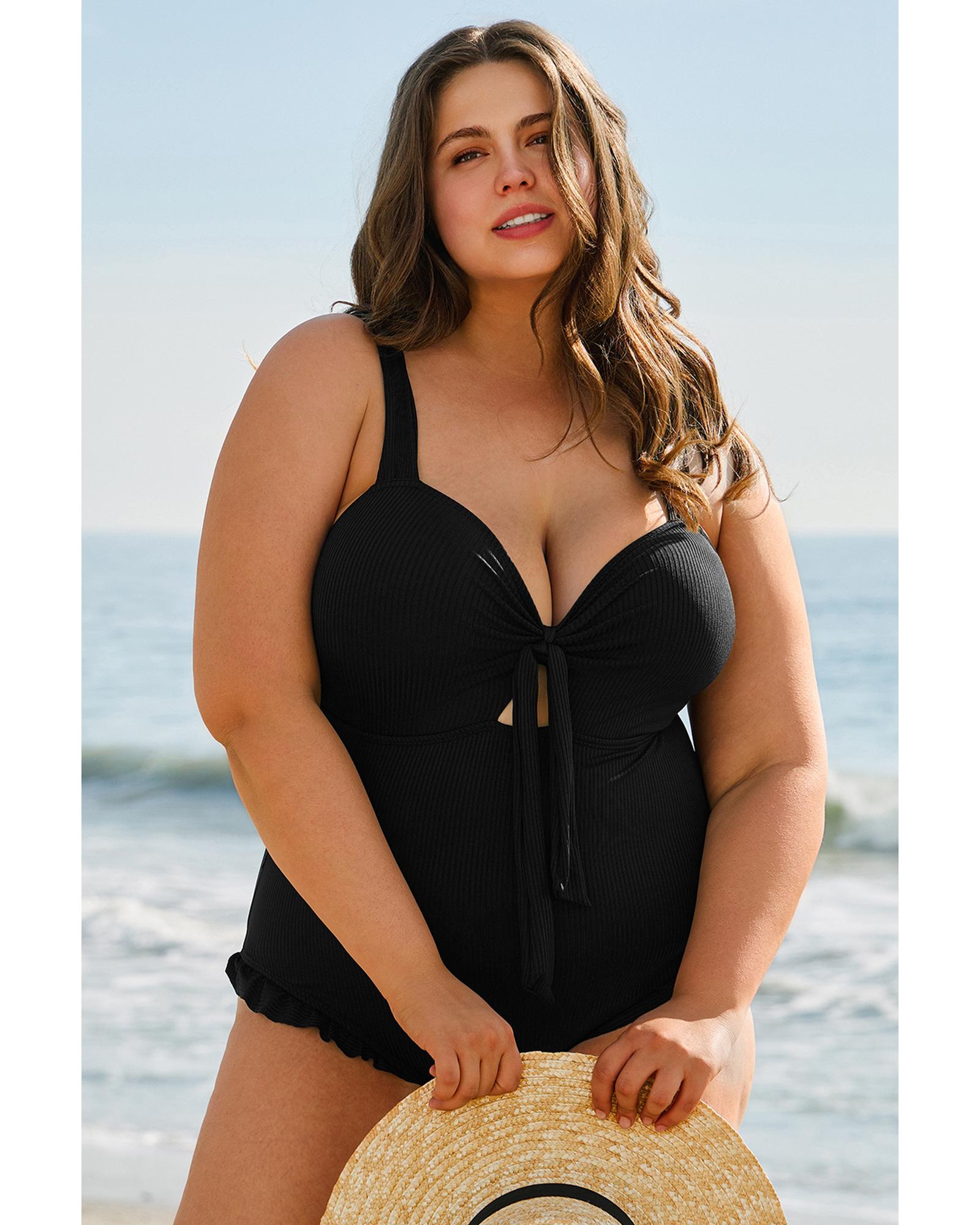 Black Plus Size Textured Knotted Ruffled Trim One Piece Swimwear - 1X