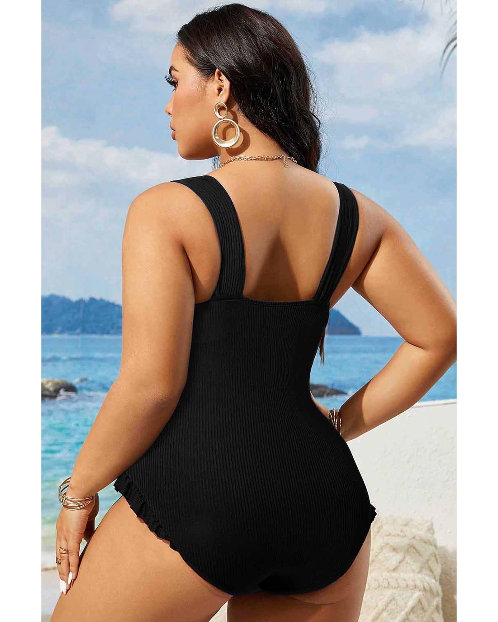 Black Plus Size Textured Knotted Ruffled Trim One Piece Swimwear - 1X