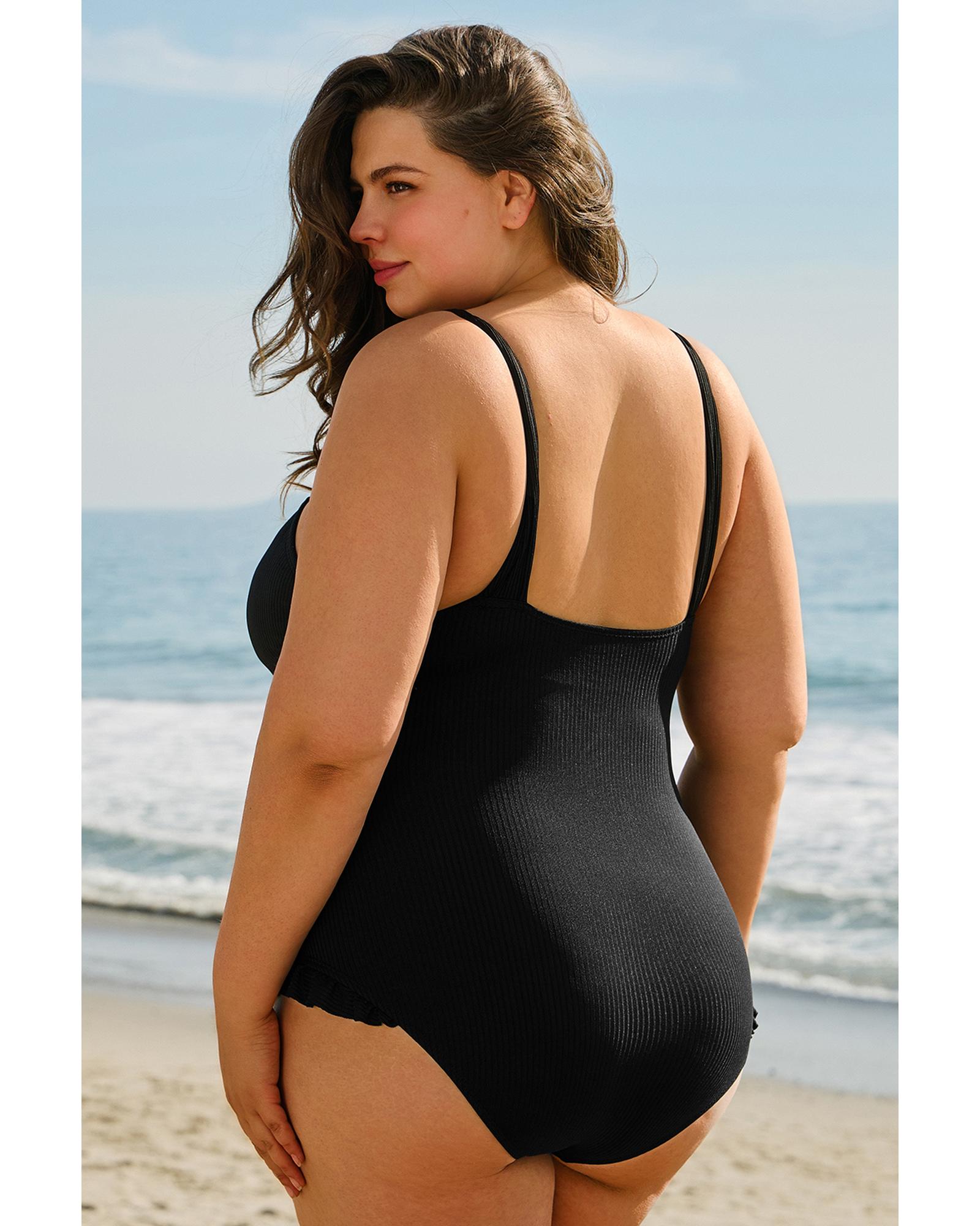 Black Plus Size Textured Knotted Ruffled Trim One Piece Swimwear - 2X